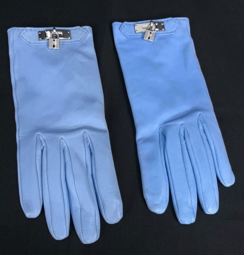 HERMES Paris Kelly Gloves Women’s Leather Light Blue Silver Cadena size 6.5 Auth