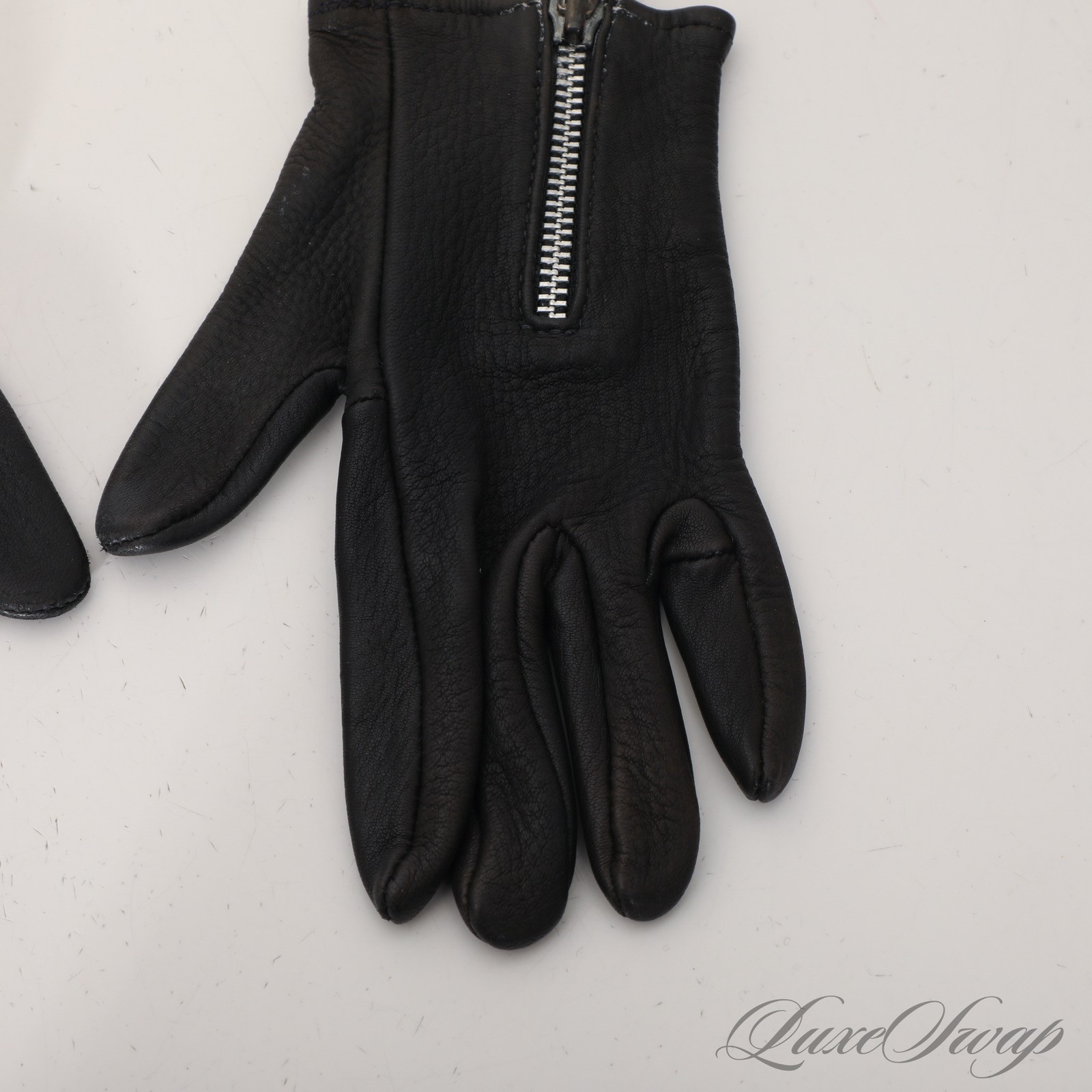 Vintage Y2K Chrome Hearts Black Unlined Leather Cemetary Dagger Zip Gloves 6.5