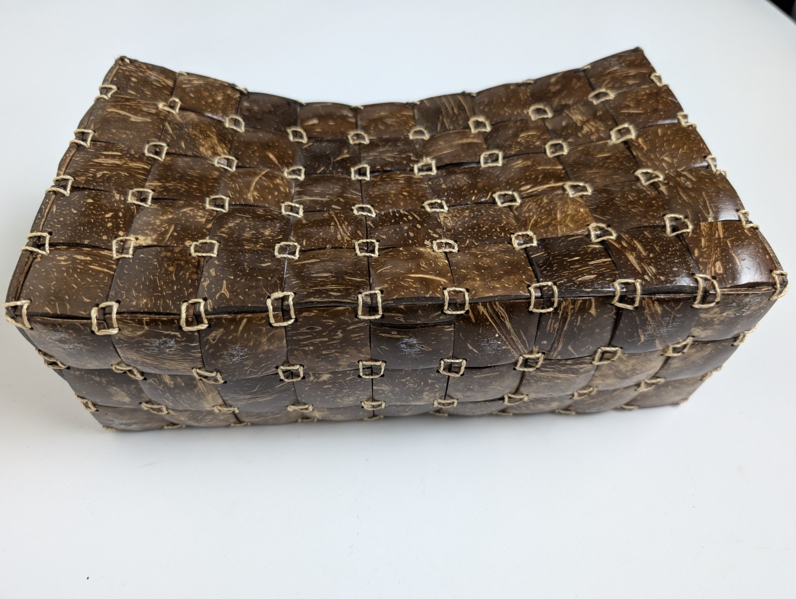 Handcrafted Brown Woven Coconut Shell Purse with Wooden Handles & Zipper Closure