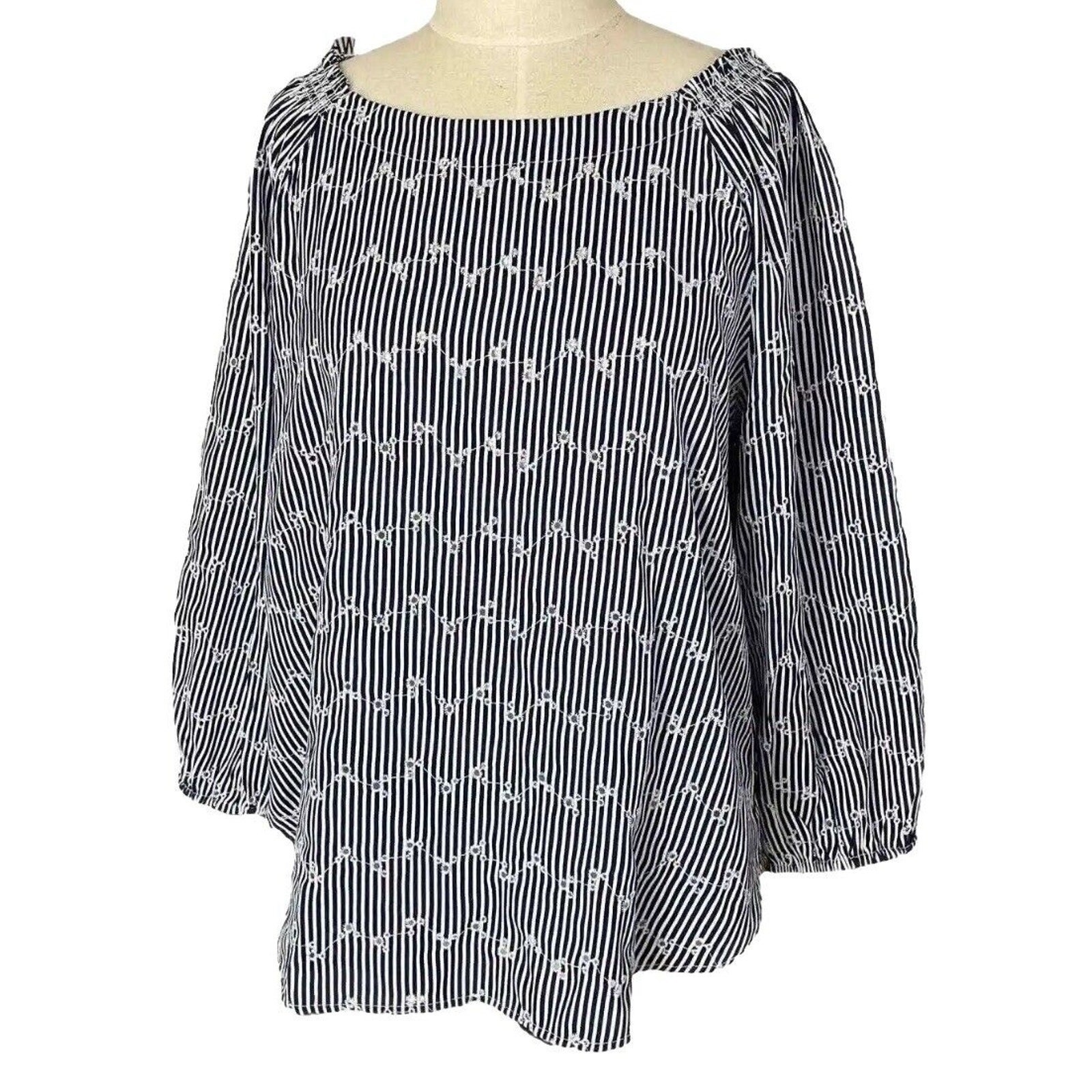 LOFT Outlet Eyelet Blouse Size XL Navy Blue Stripe Gathered Shoulders 3/4 Sleeve