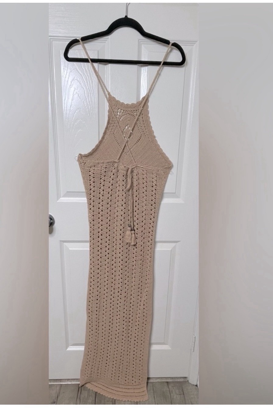 Spell & The Gypsy Collective Beige Crochet Halter Maxi Dress Tassel Open Back M