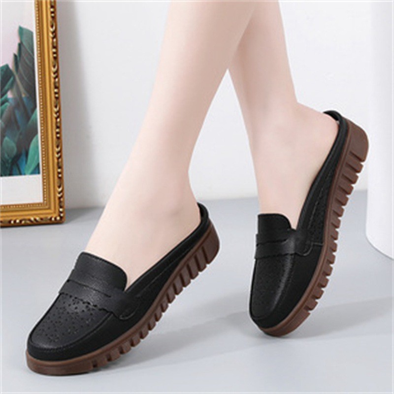 Mom Shoes Wear Beef Summer Hollowed Genuine Leather Box Slippers Women’s Outer
