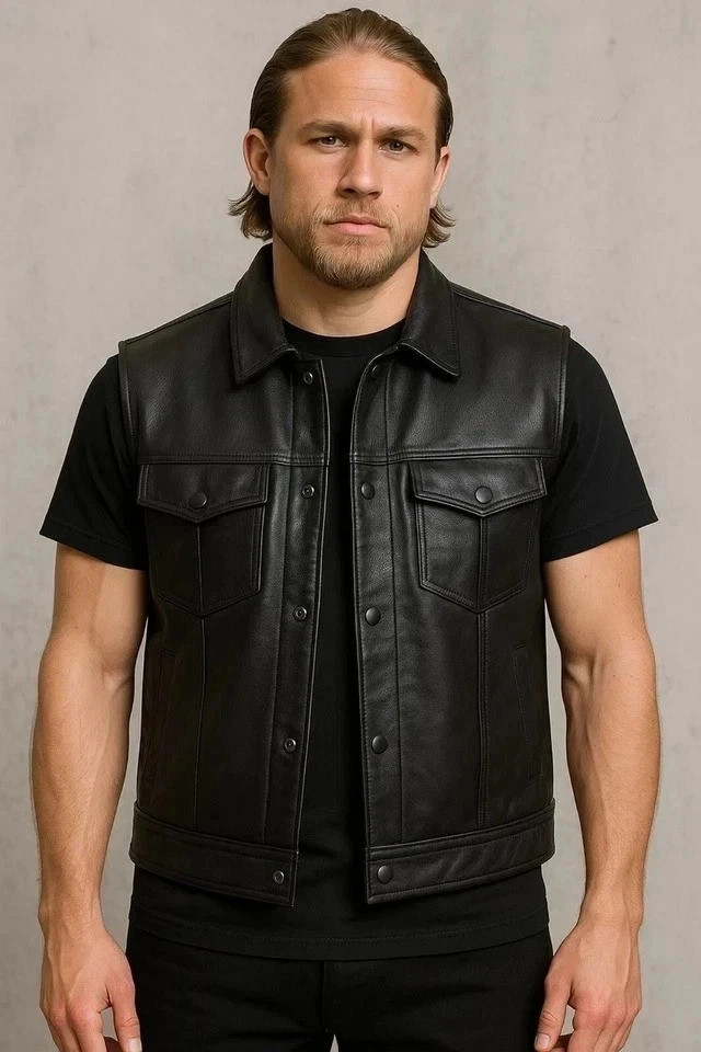 Men’s Black Biker Cafe Racer Moto Vest Real SheepSkin Leather Vest Slim Fit Coat