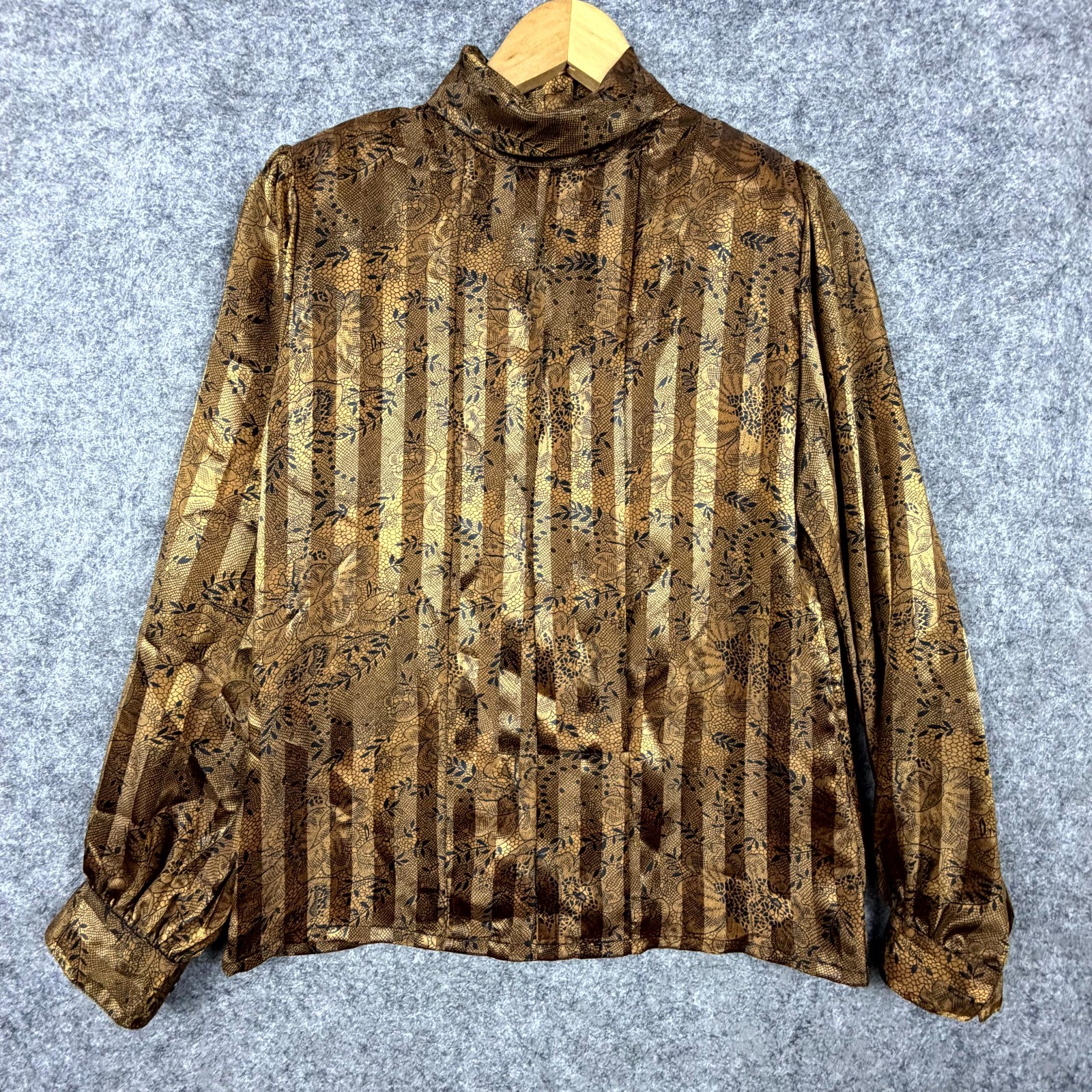 Vintage Nicola Blouse Womens 6 Brown Floral Striped Satin Silky Office Siren