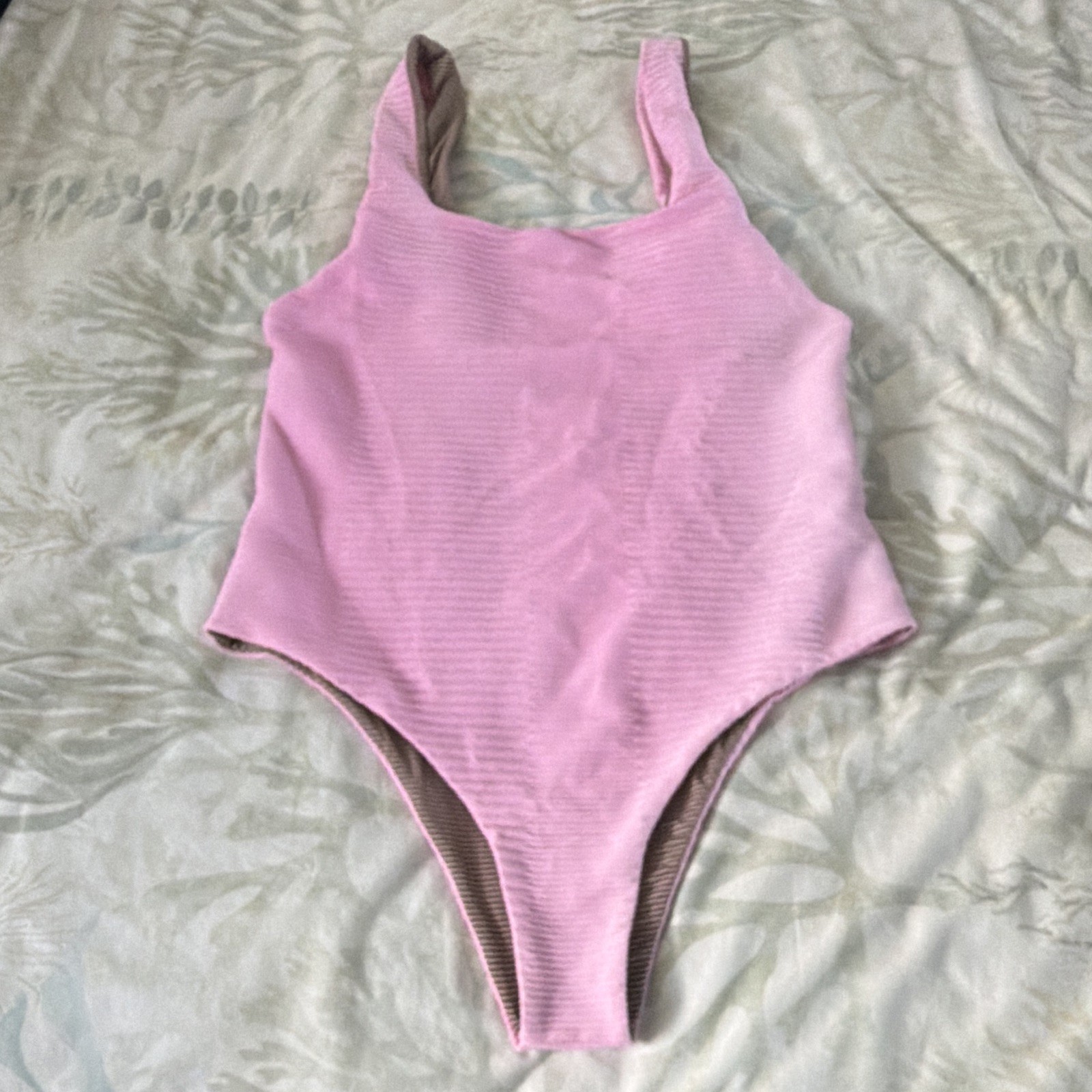 ACACIA Ribbed Wide Strap One Piece Swimsuit Pink/Brown Lined Stretch L