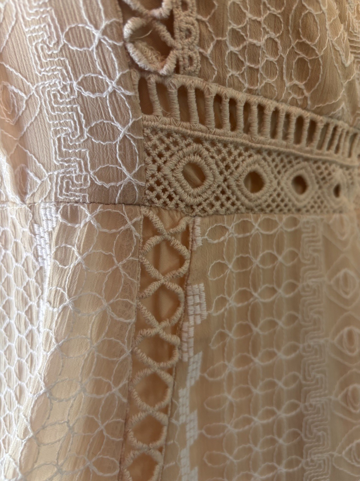 Free People Beige Lace Crochet Cut-Out A-Line Mini Dress Round Neck Button 4
