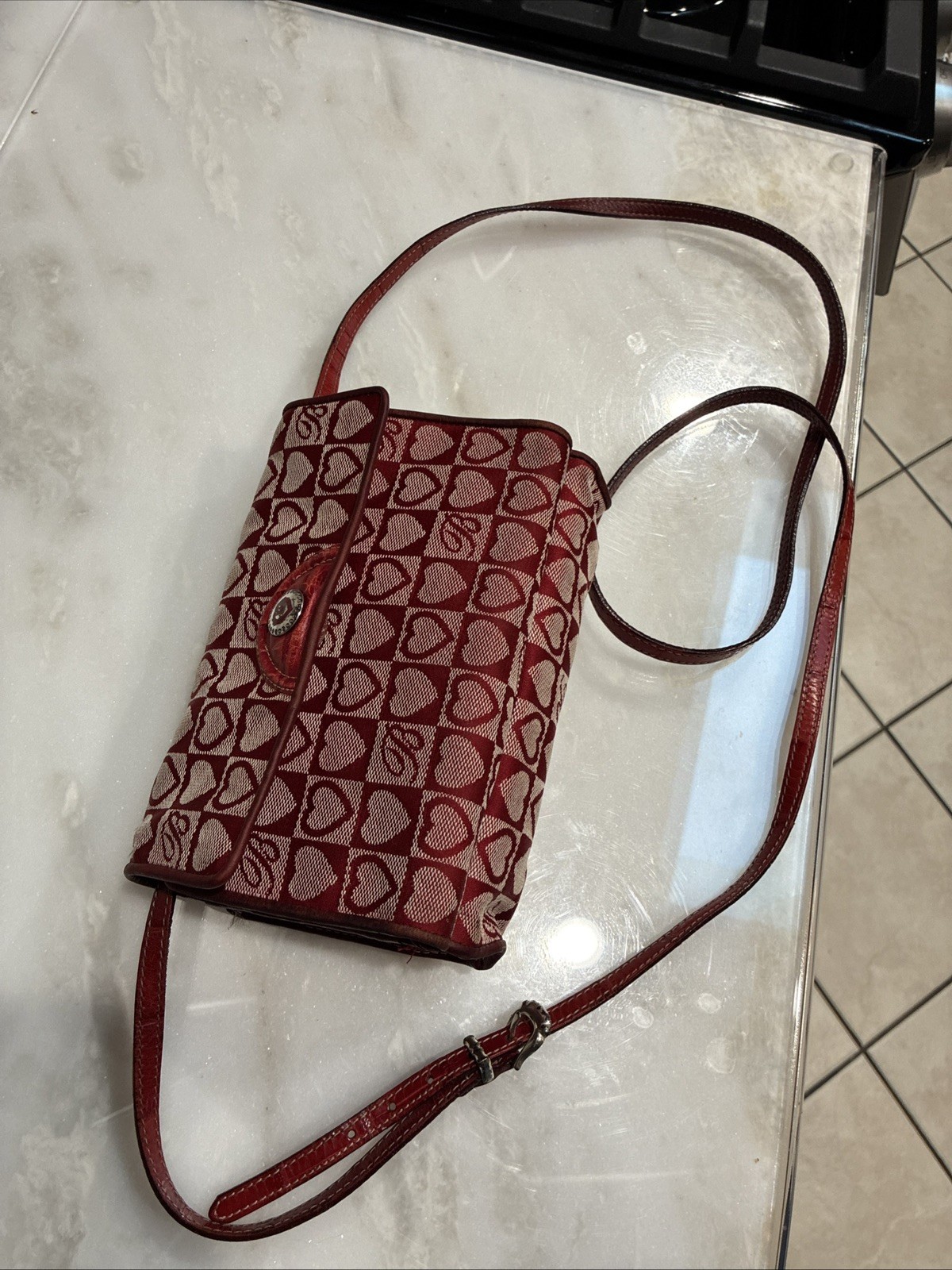 BRIGHTON Red/Beige Heart Print Crossbody Wallet Bag W/Leather Trim
