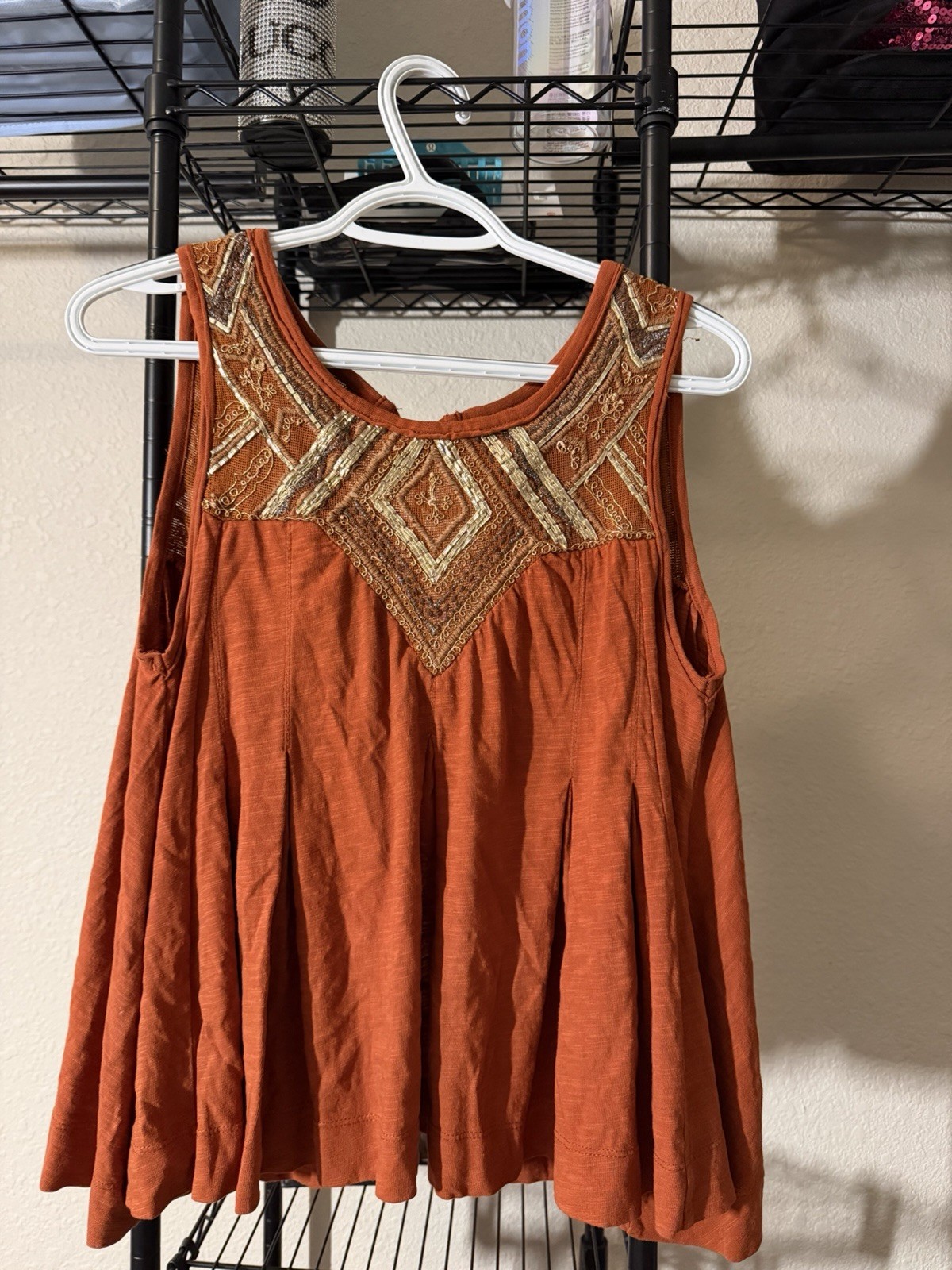 Flying Tomato Orange Solid Sleeveless Tie Neck Embroidered Beaded Blouse Size M