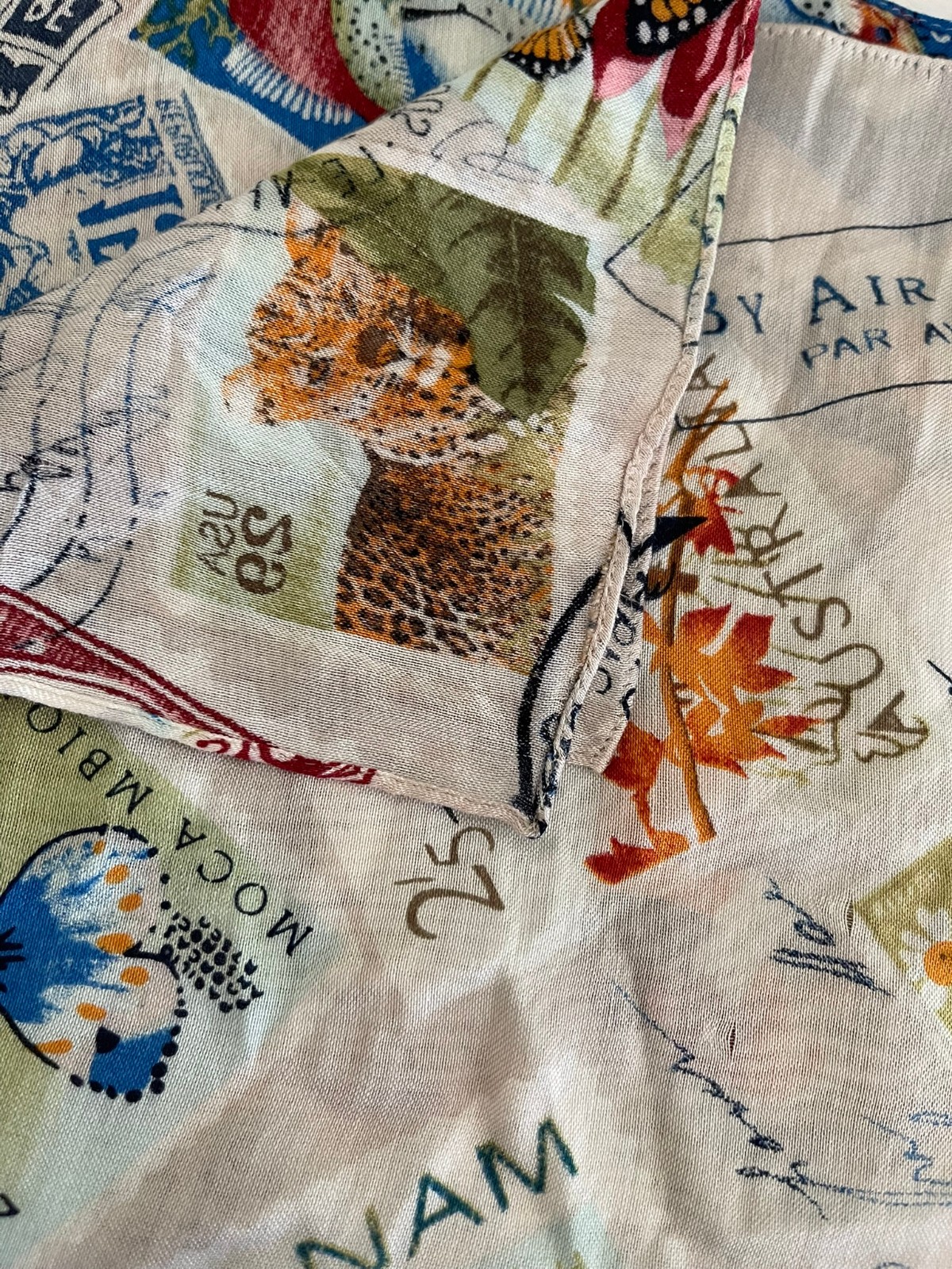 VTG Large stamp postmark square Scarf 100% Acrylic Multicolor Size 42″x42″
