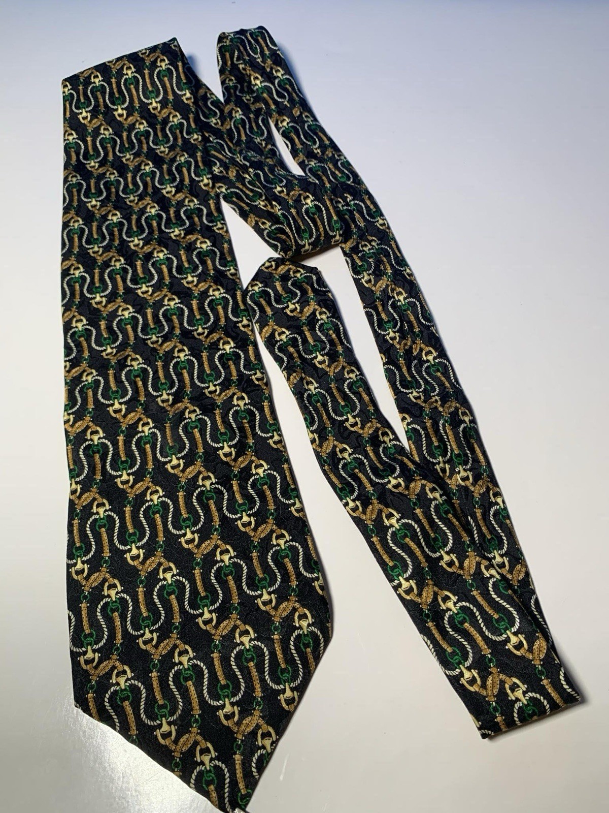 Gianfranco Bini 100% Silk Necktie Chains Hooks Green Black Gold Italy
