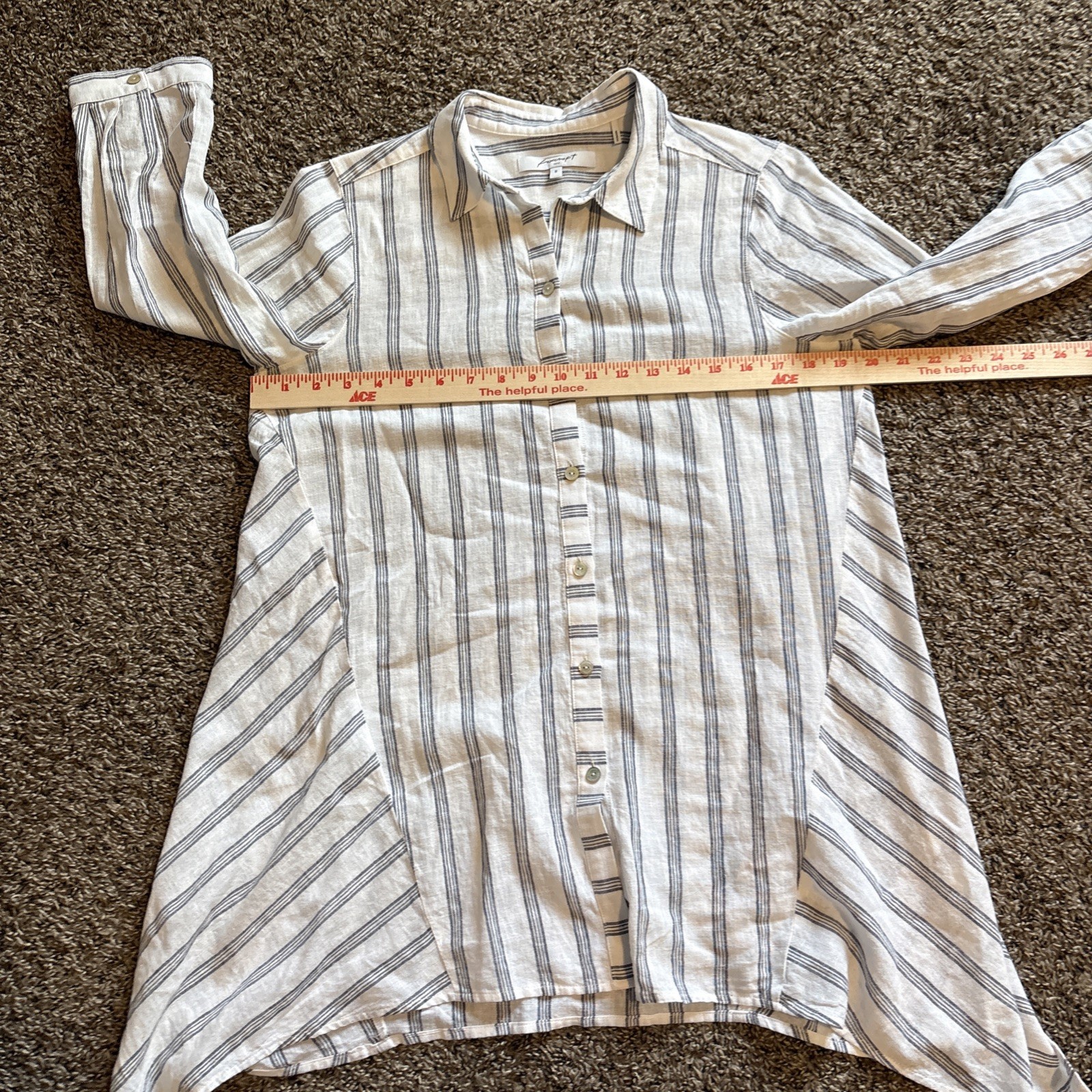 Foxcroft Linen Blend Tunic White/Blue Stripe Sz 8 Beachy Classic Asymmetrical