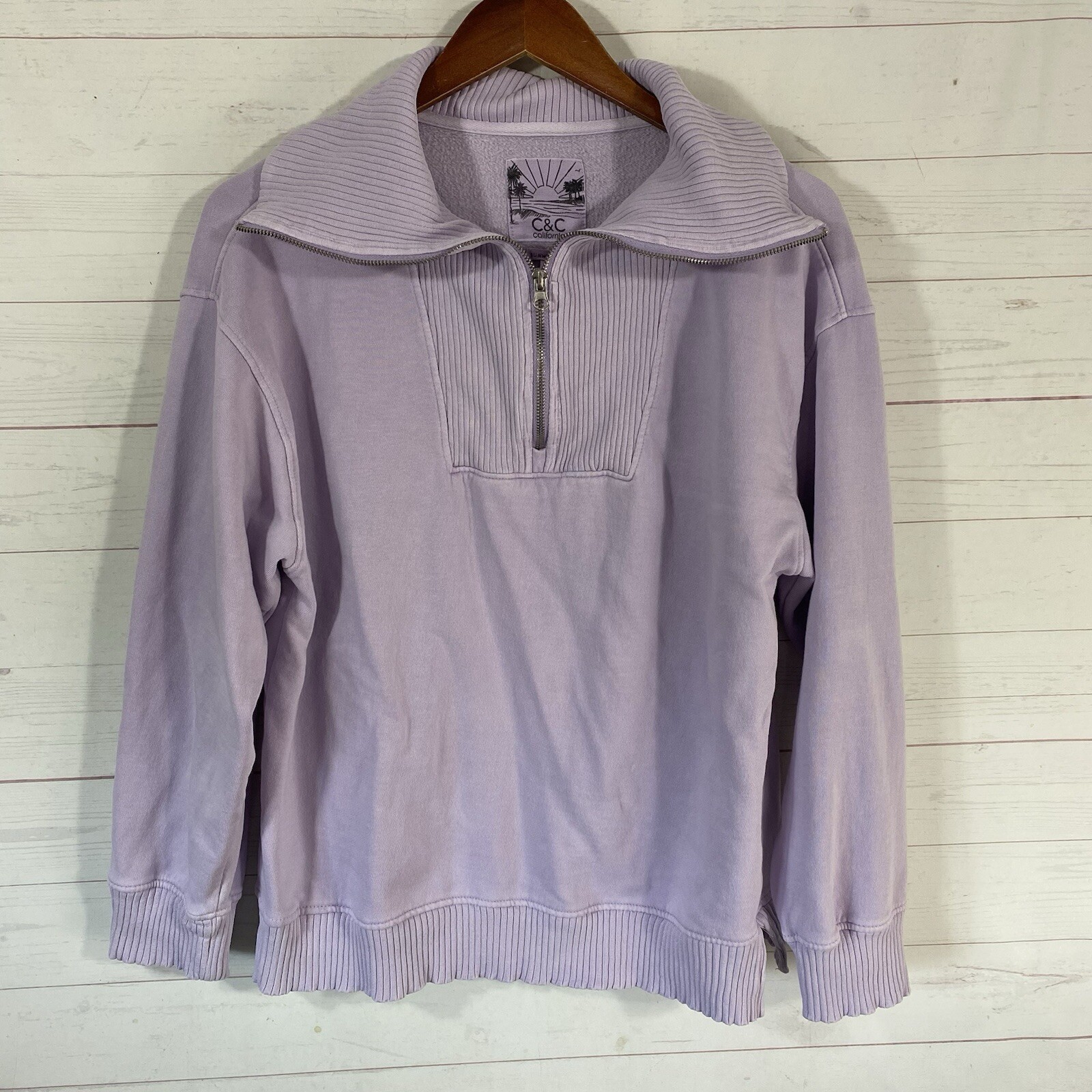 C&C Womens Sunwashed 1/4 Zip Pullover Sweatshirt Sz M Lavender Long Sleeve