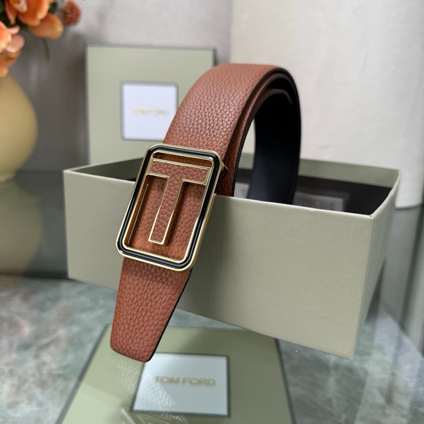 Authentic Tom Ford Reversible Leather T-Buckle Belt Luxury Designer Fashion