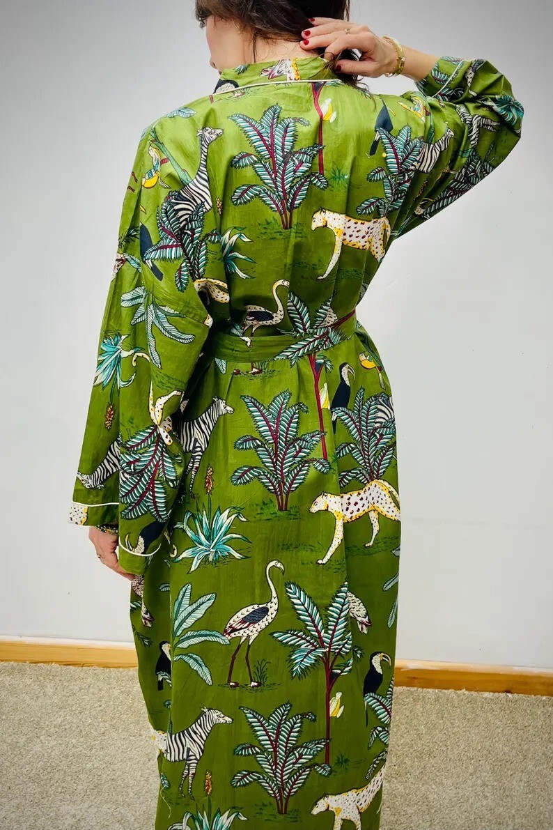 Green Tiger Cotton Robe Long Kimono Indian Sleepwear Night Suit Kimono Robes US