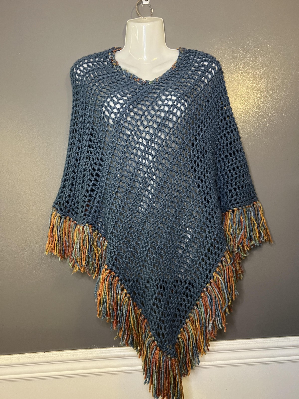 Handmade Sweater Cape Poncho Women One Size Blue Crochet Open Knit Fringe V Neck