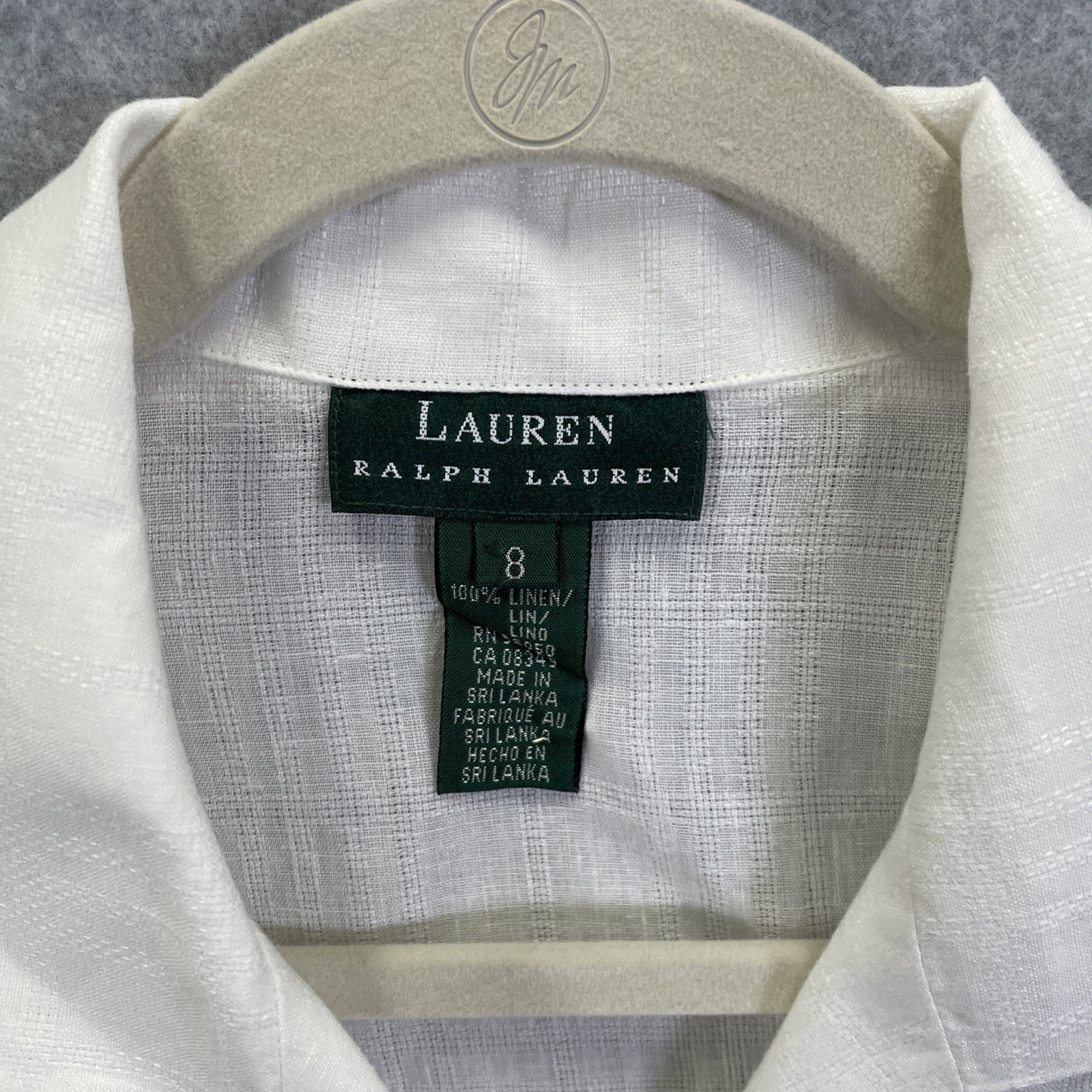 Lauren Ralph Lauren Womens Sz 8 White Linen Short Sleeve Button Up Shirt Logo