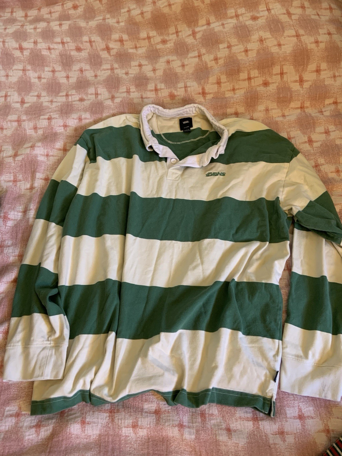 VANS Loose Fit Long Sleeve Striped Collared Polo Shirt Green/White Men’s 2XL