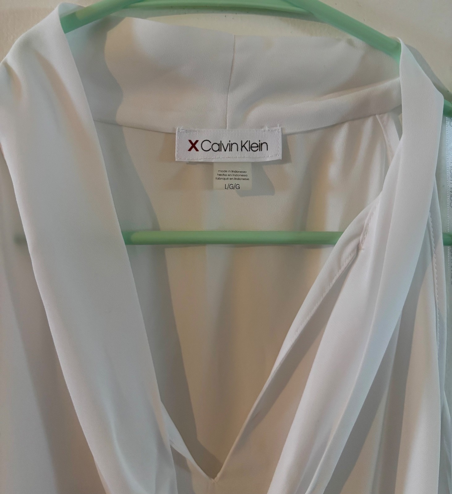 Calvin Klein Womens Top Large White Blouse Halter Tie Neck V Neck Sheer NWOT