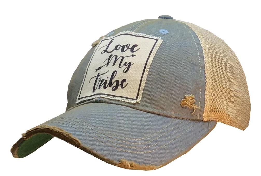 “Love My Tribe” Distressed Trucker Hat Sky Blue Family Mom Unisex Snapback NEW
