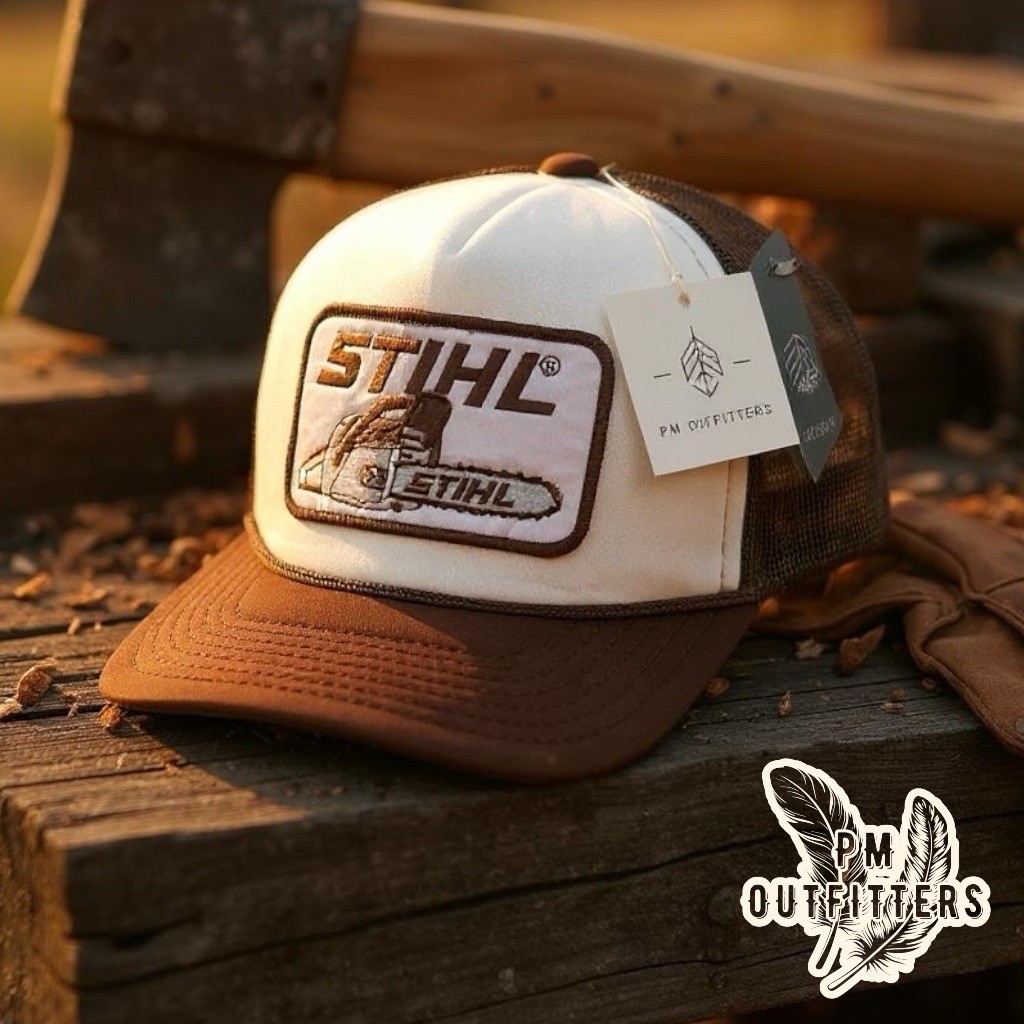 Retro Vintage Stihl Chainsaw Embroidered Patch on Decky Foam Front Rope Trucker