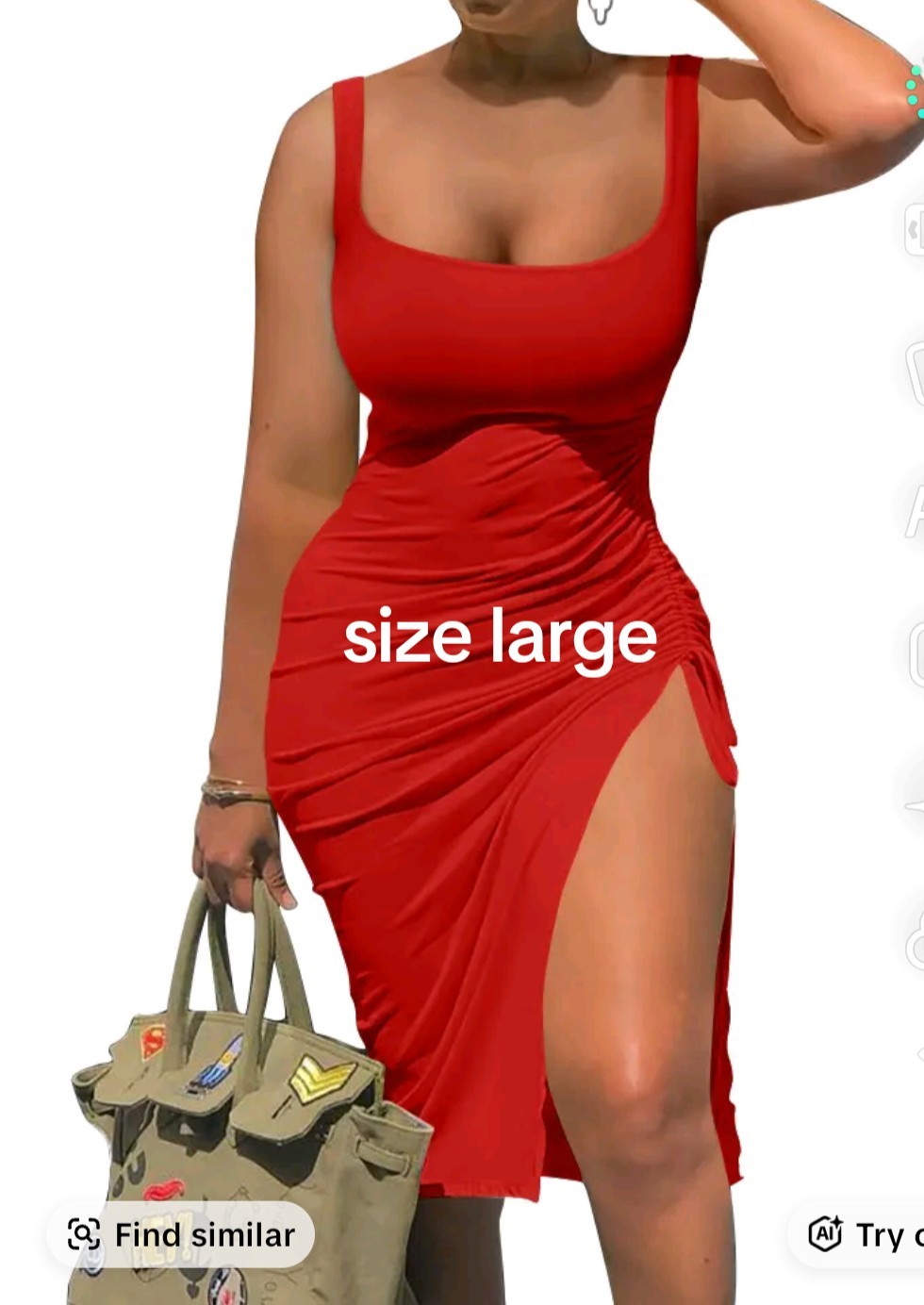 Women’s Red Bodycon Knee Length Dress, Ruched Slit Square Neck Solid, L