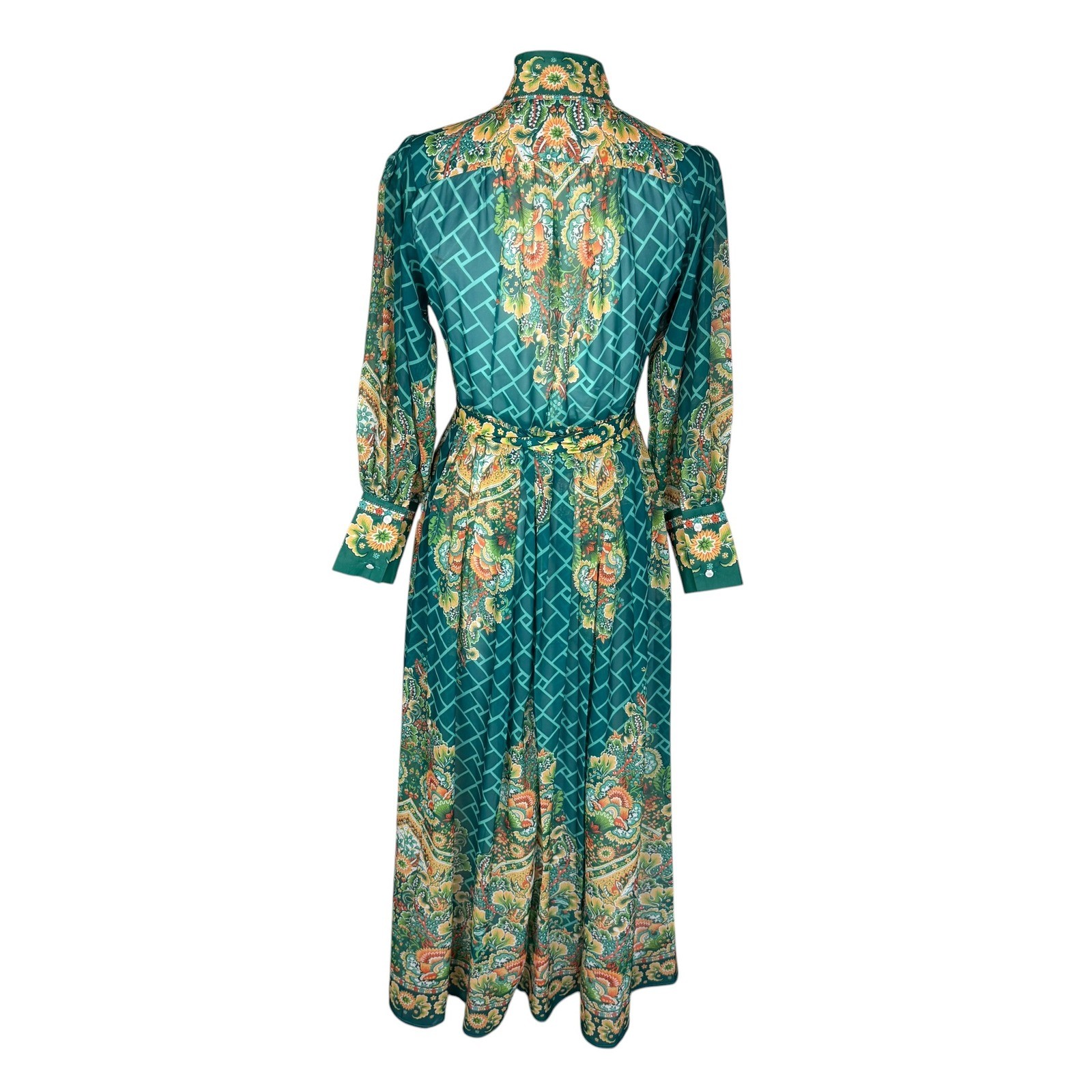Dalia MacPhee Green Multi Floral Paisley Maxi Dress High Neck Puff Sleeve S New