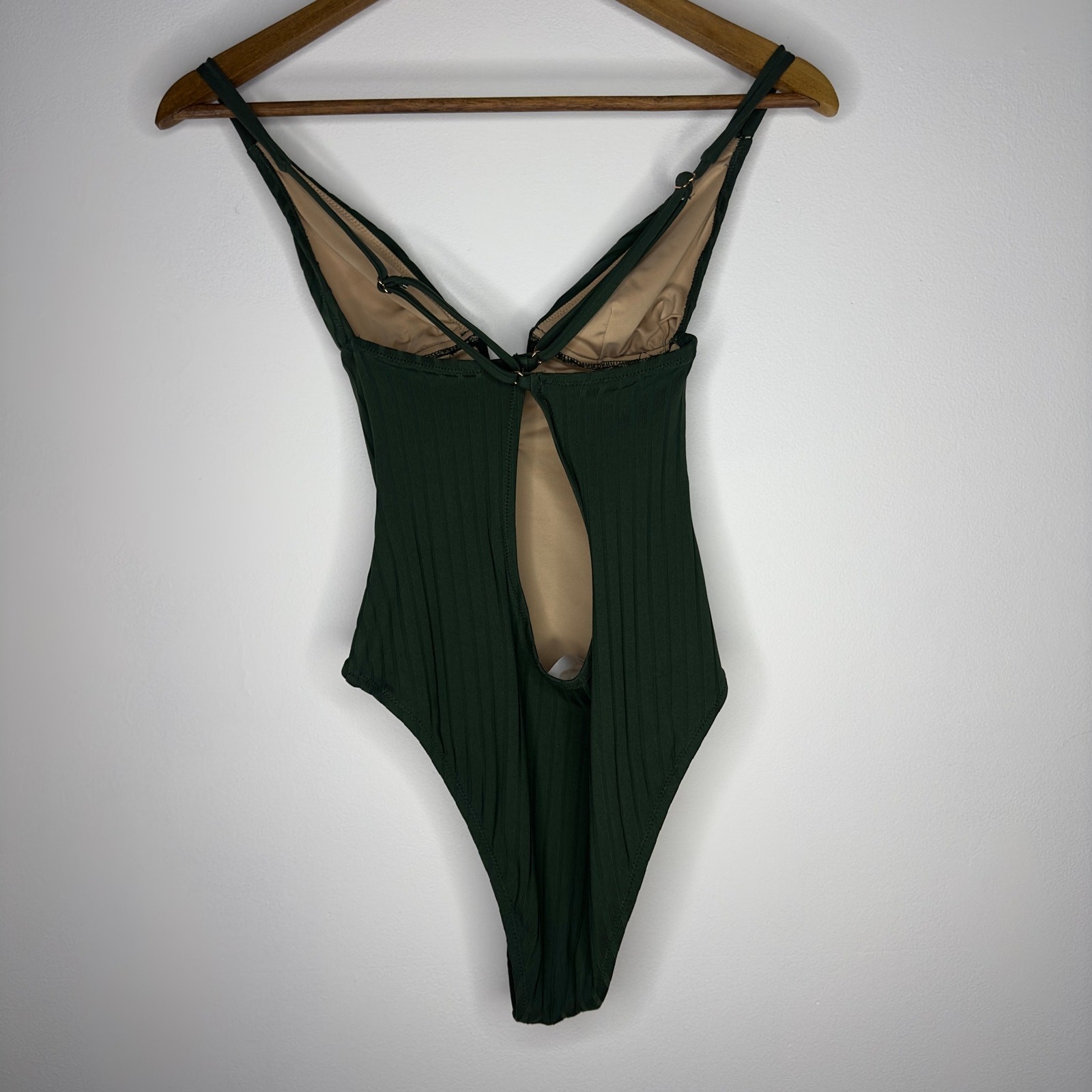 Shade & Shore Ribbed Deep V One Piece Swimsuit Green Strappy Back Size Small