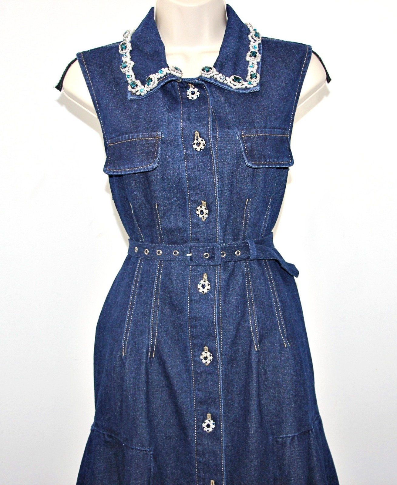 Dalia MacPhee Rhinestone Embellished Belted Tiered 56″ Long Denim Shirt Dress M