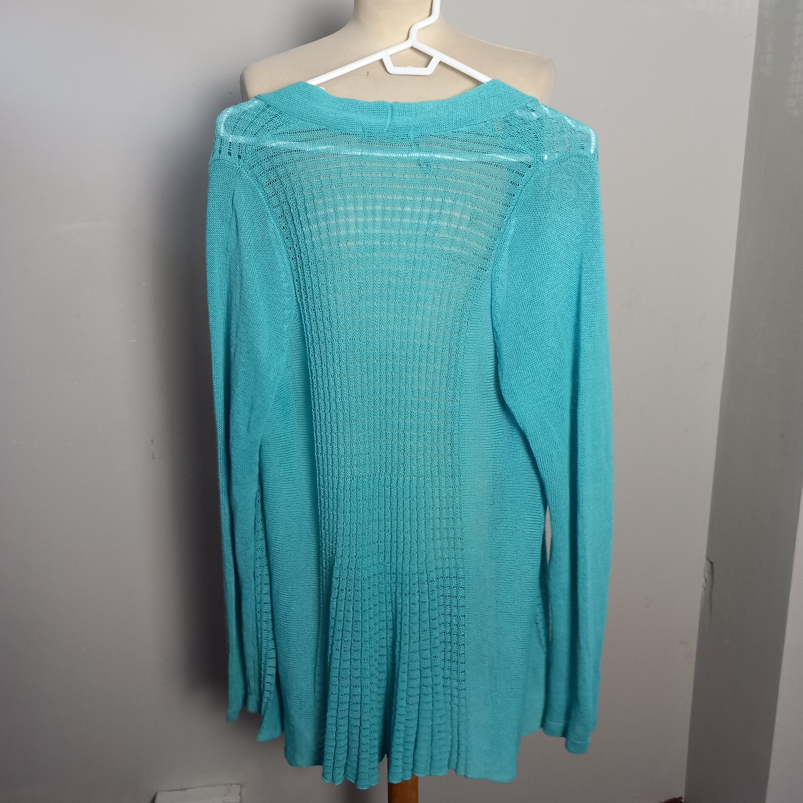 M&S Knitted Cardigan Turquoise Lacy Lace open Front UK Size 14