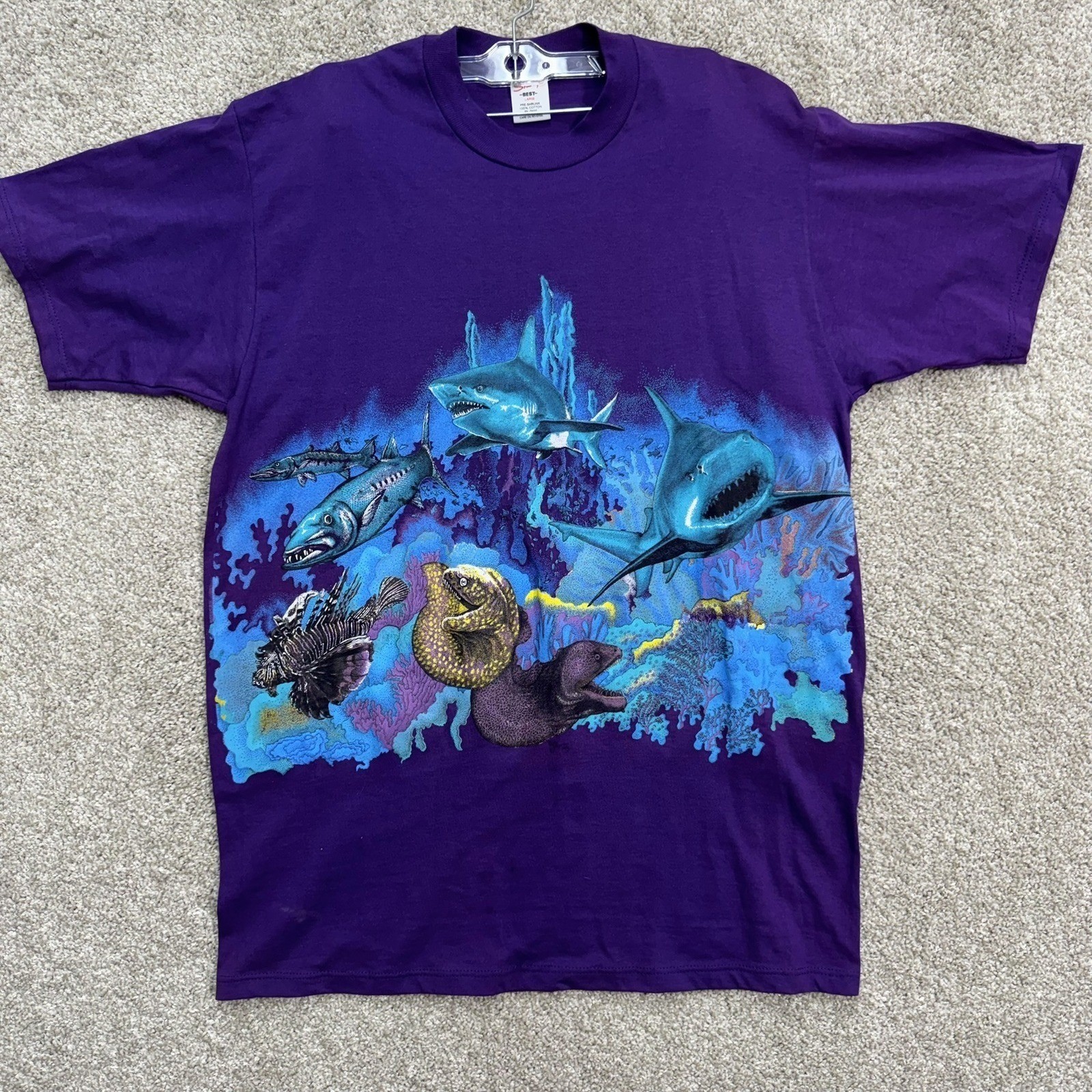 Sherry’s Best Shark Graphic T Shirt Mens Large Purple Vintage 90s Made In USA