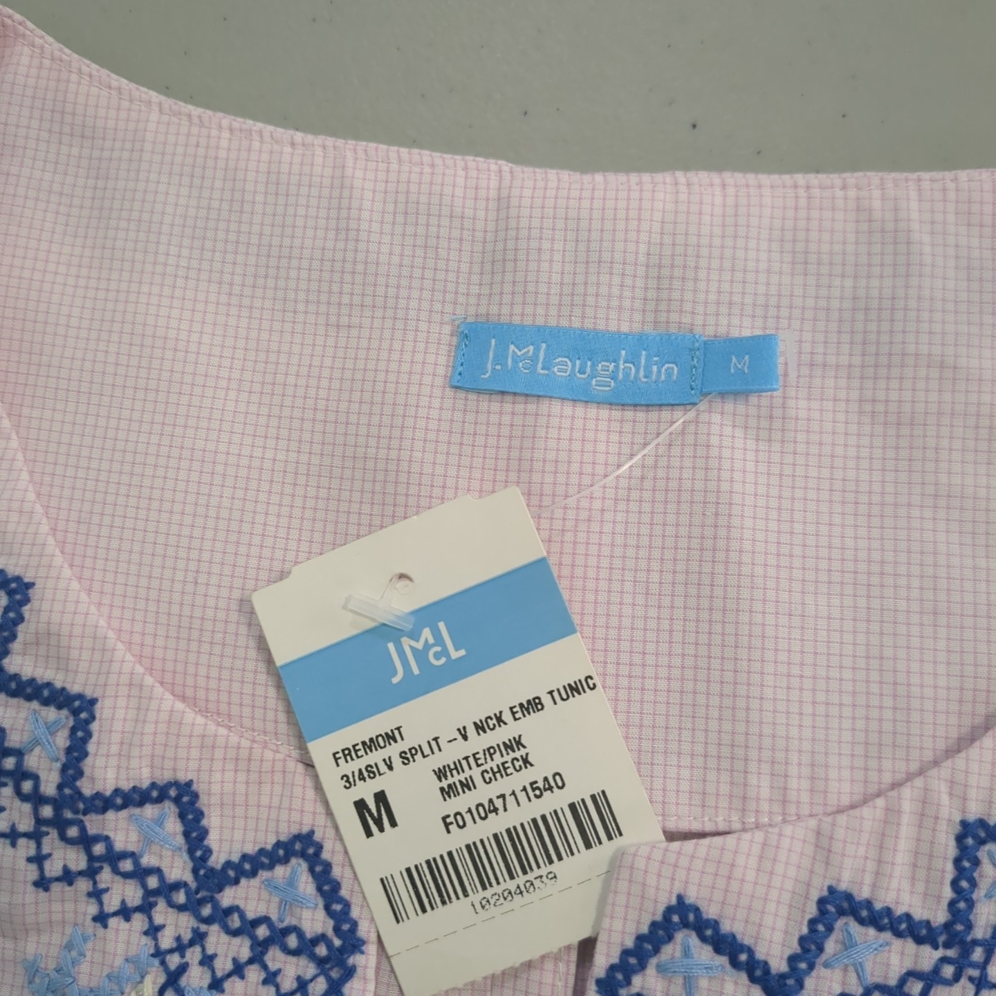 J. McLaughlin Fremont embroidered pink Window Pane Tunic new with tags medium