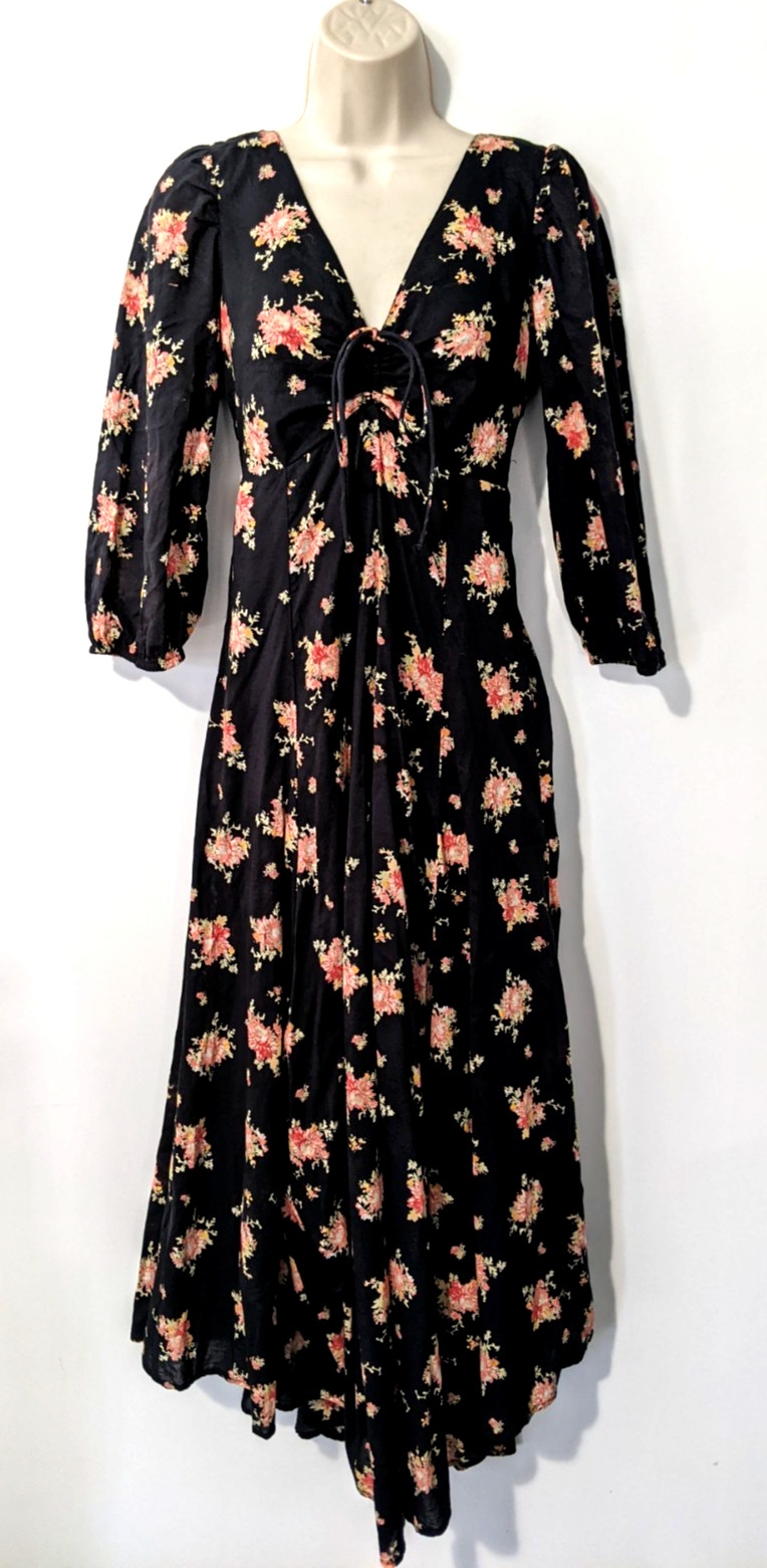Free People Women’s Sea Glass Floral Maxi Dress Sz 2 Puff Sleeve Boho Tie Front