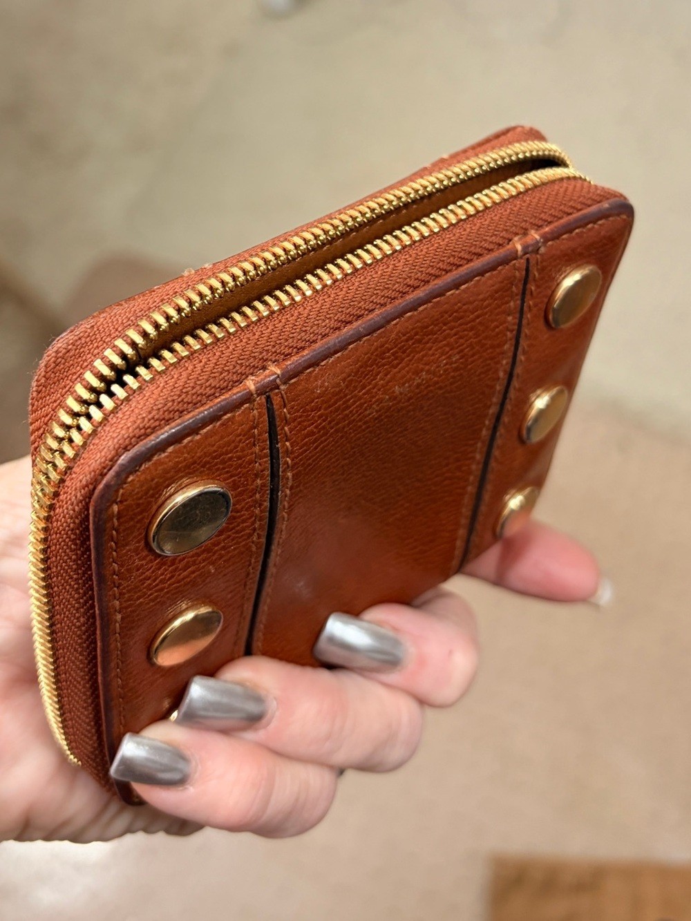 Hammitt 5 North Brown Leather Zip Wallet with Gold-Tone Studs Small. See Picture