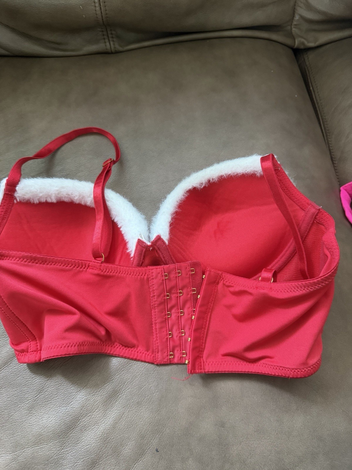 Fashion Nova Underwired Padded Balconette Bra 34B Red/White Faux Fur Hook&Eye