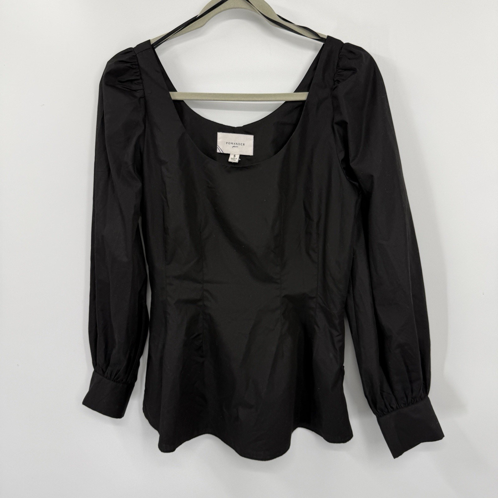 Pomander Place Diane Top Small Black Poplin Long Puff Sleeves Peplum Tuckernuck