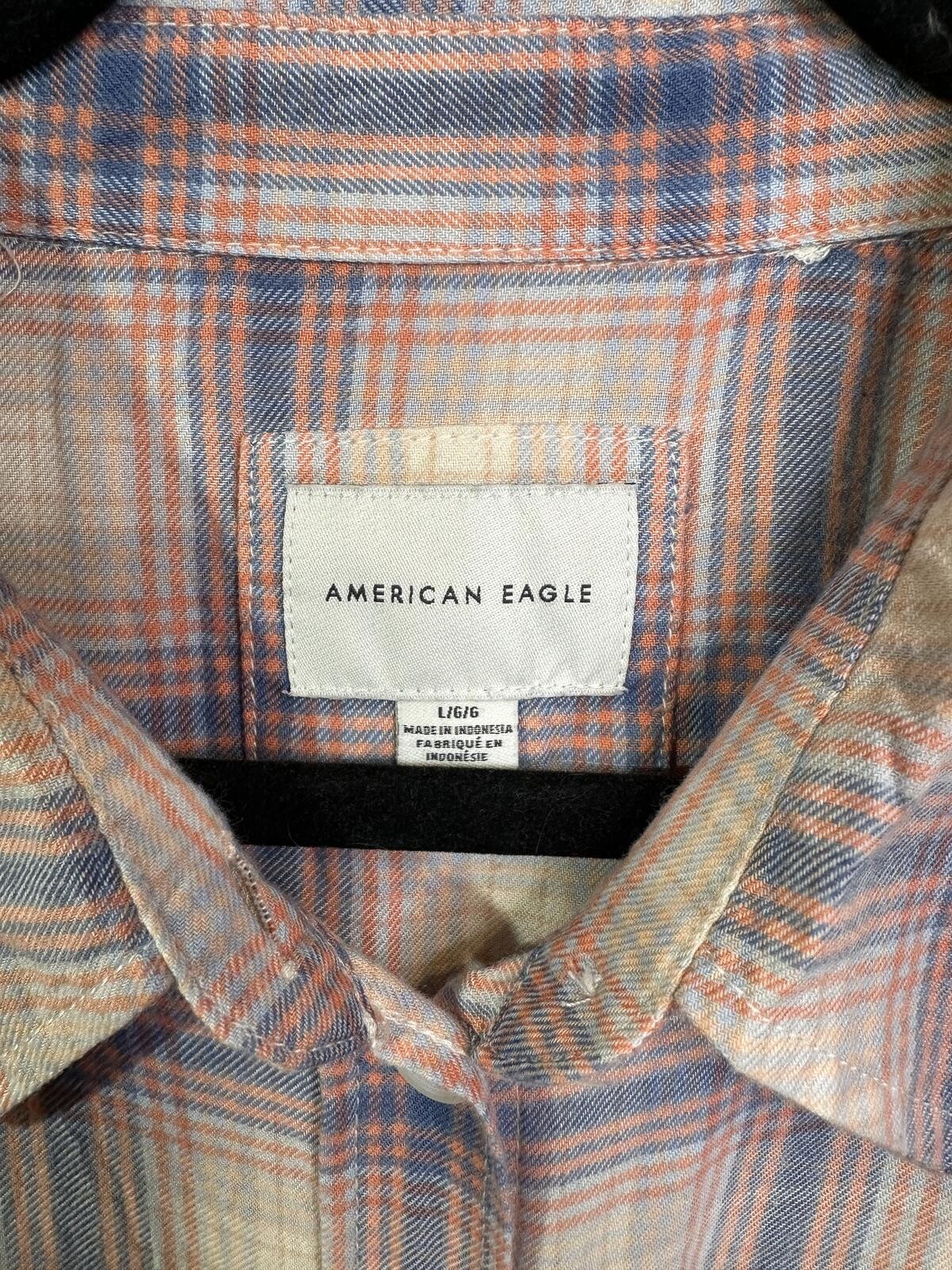 American Eagle Plaid Button Front Shirt Womens L Pink Blue High Low Roll Tab