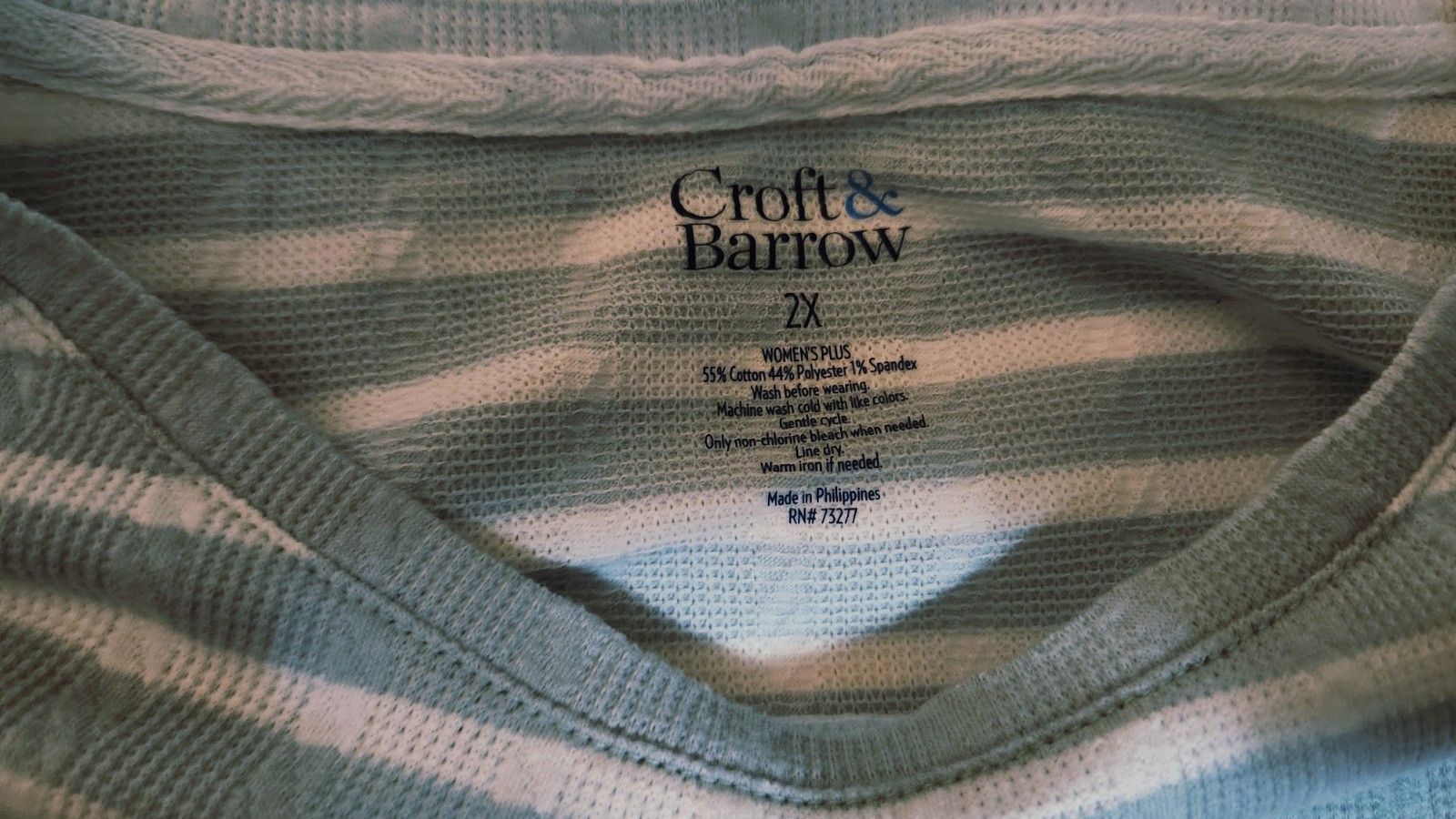 Croft & Barrow 2X Womens Light Blue White Striped Long Sleeve Tee Shirt Plus