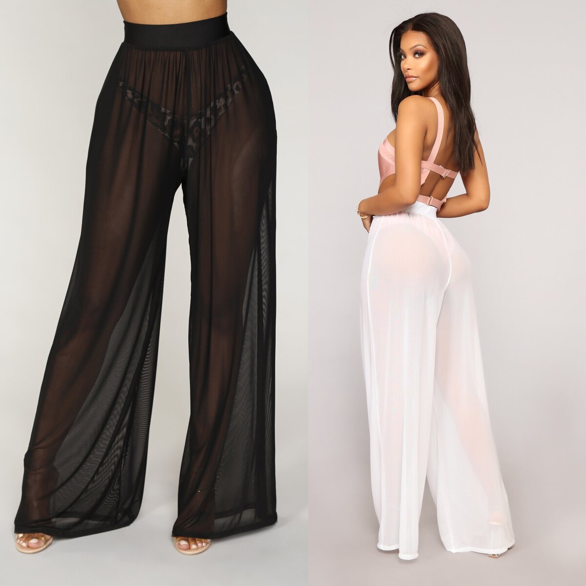 Female Sexy Solid Color Gauze Mesh See-through Loose Pants Long Trousers