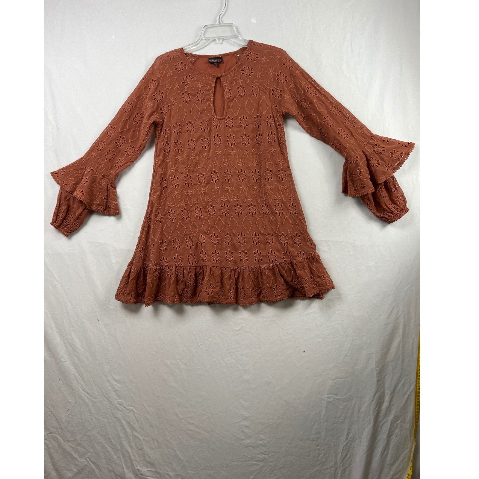 Shyanne Mini Dress Womens XS Rust Orange Eyelet Ruffle Bell Sleeve Boho Western