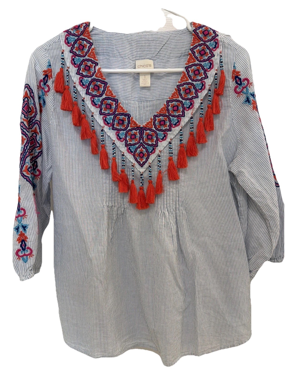 Chico’s blue embroidered beaded tasseled pesant tunic boho blue blouse size 8-10
