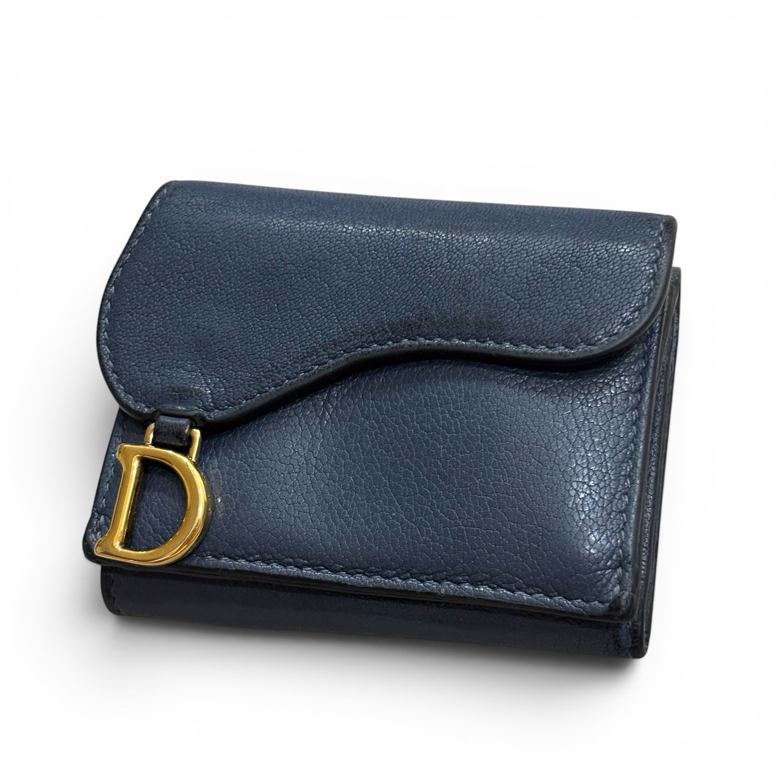Dior Saddle Lotus Wallet Grained Calfskin Leather Navy Blue Gold Charm ThreeFold