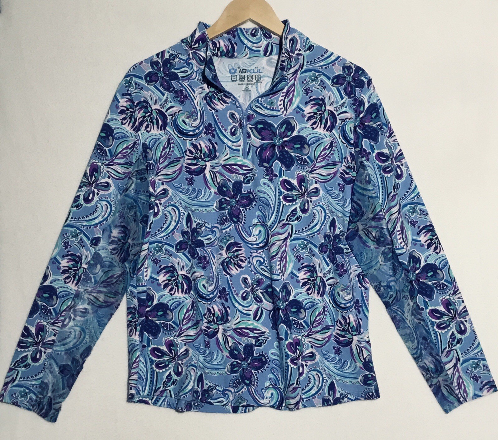 IBKUL Performance Floral Quarter Zip Top Women’s XL Blue Purple Long Sleeve