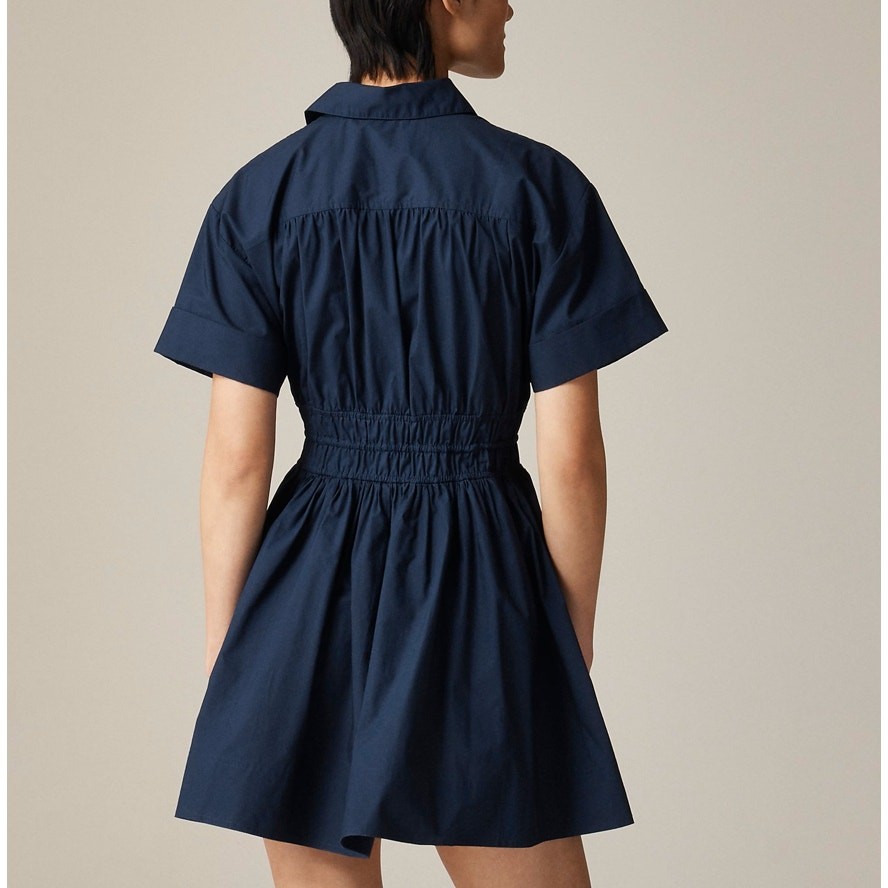 J.Crew Elena Mini Shirt Dress WMNS 10 Tall Navy Blue Cotton Poplin Smocked Waist