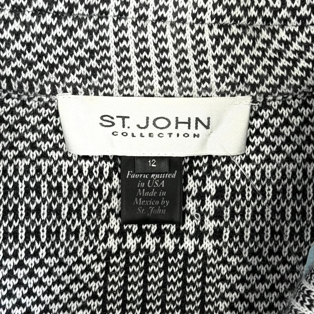 BEAUTIFUL ST.JOHN KNIT JACKET BLACK WHITE PRING POCKETS LEATHER TRIM SIZE 12