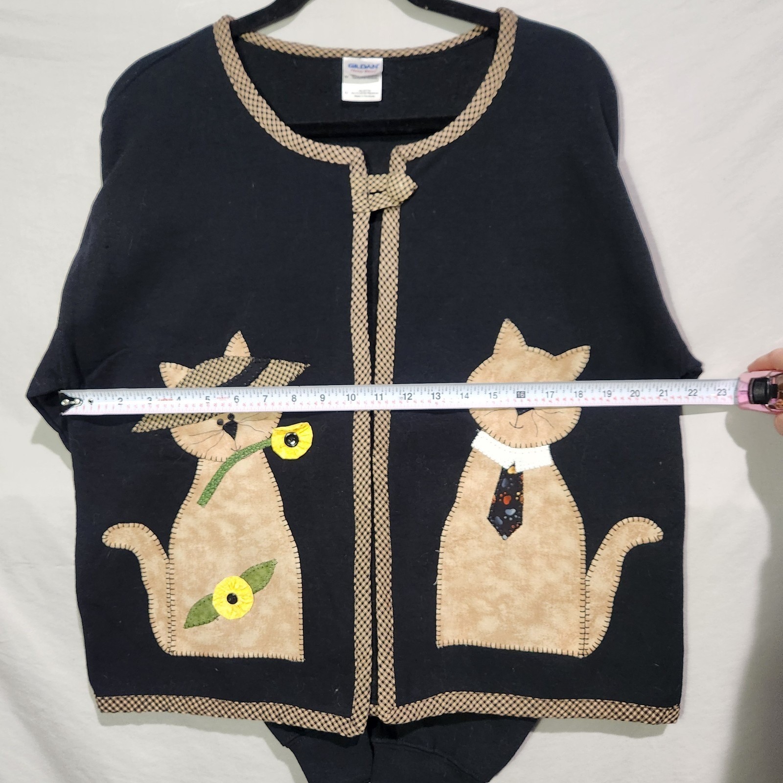 90s Kitty Cat Applique Open Front Trim Cardigan Black Whimsical Cottagecore MED