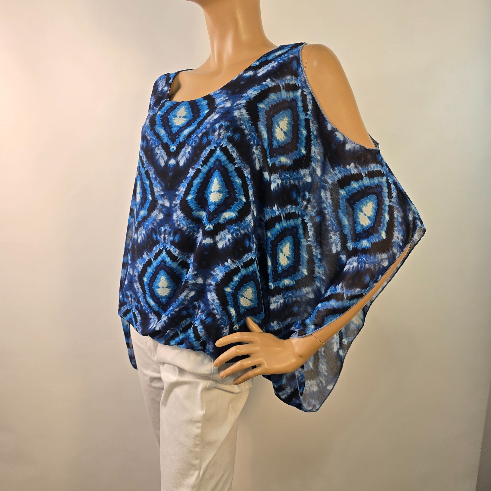 Karen Kane Cold Shoulder Scarf Blouson Top Ikat Style Tie-Dye Size L Made In USA