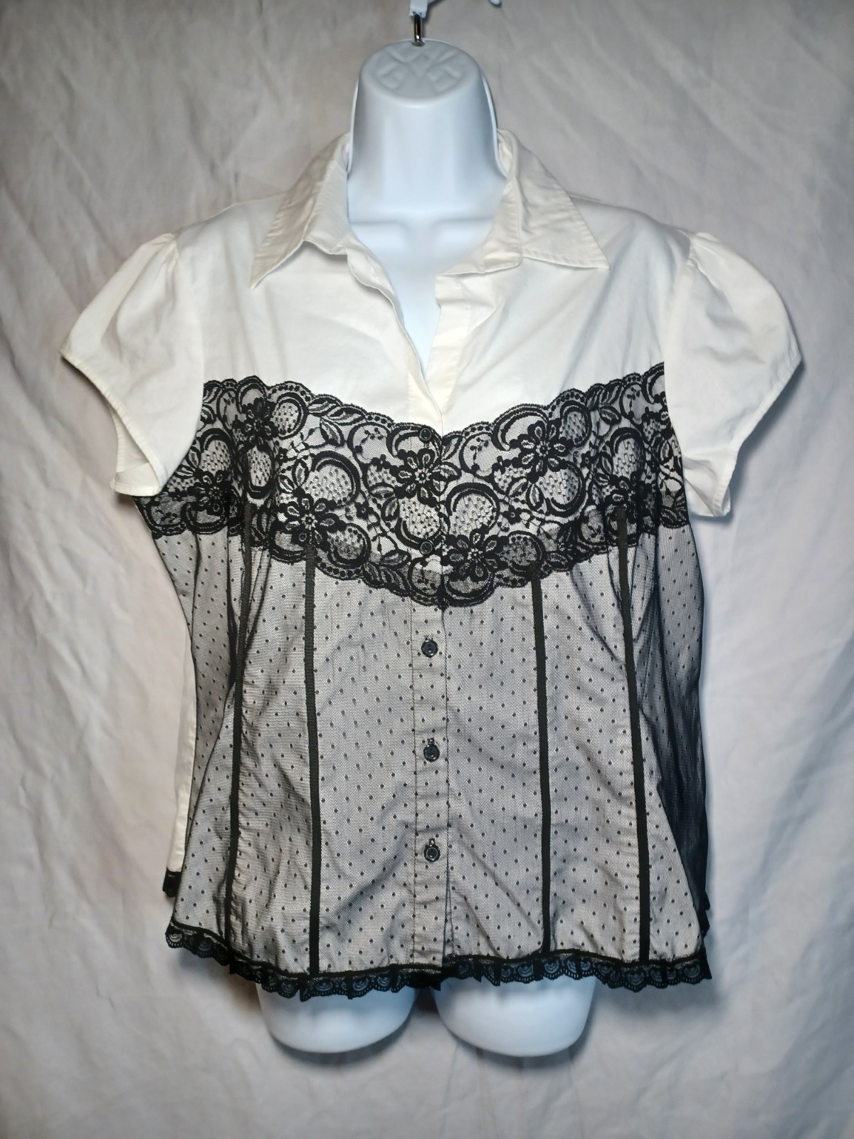 NY Collection Women’s Blousewhite Black Lace Size XL Button Front