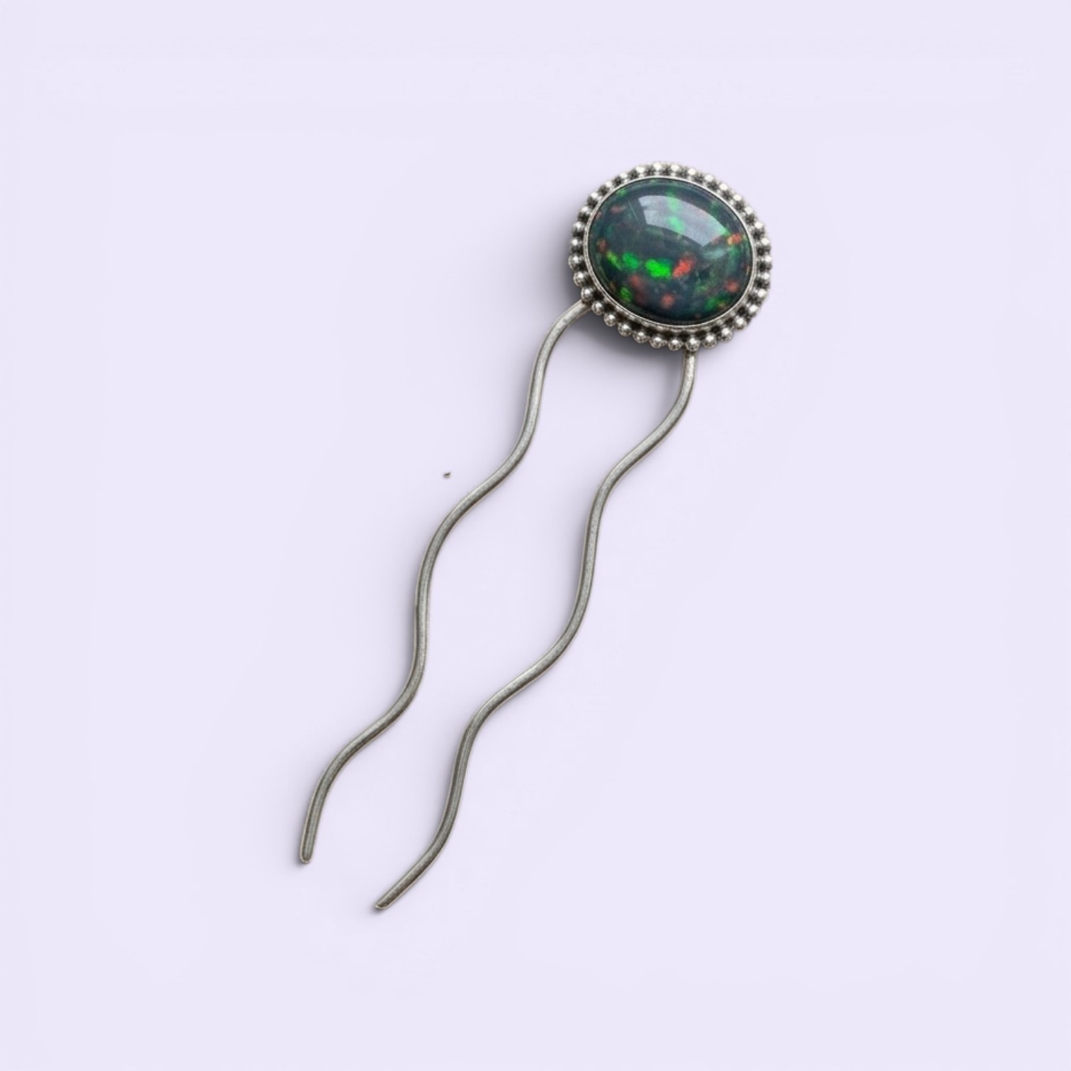 Handmade Sterling Silver Black Opal Gemstone Hair Pin Fork | Boho Bun Pin |
