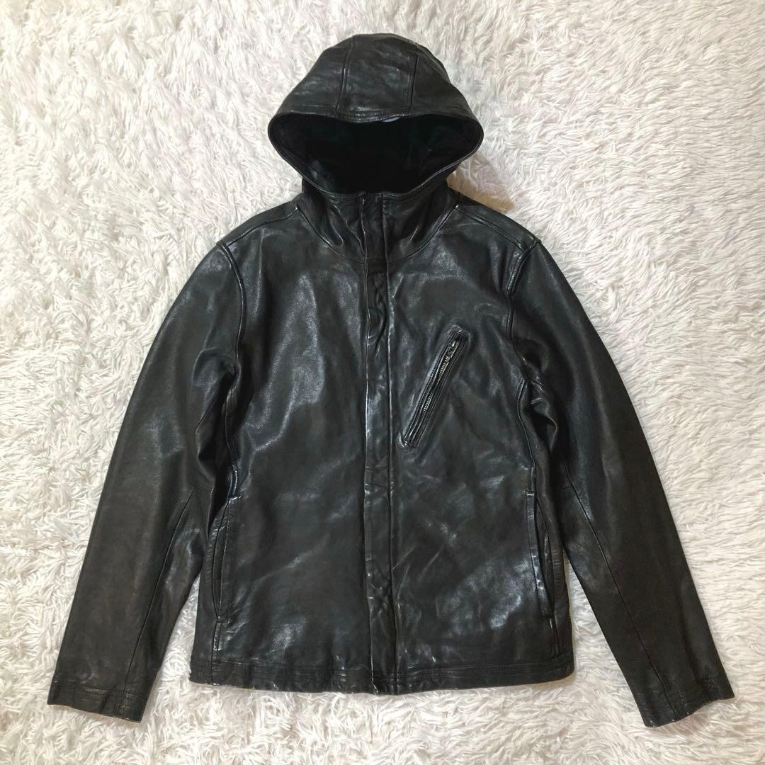 AVIREX Lamb Leather Hooded Jacket Blouson Coat Men Size M Black Genuine