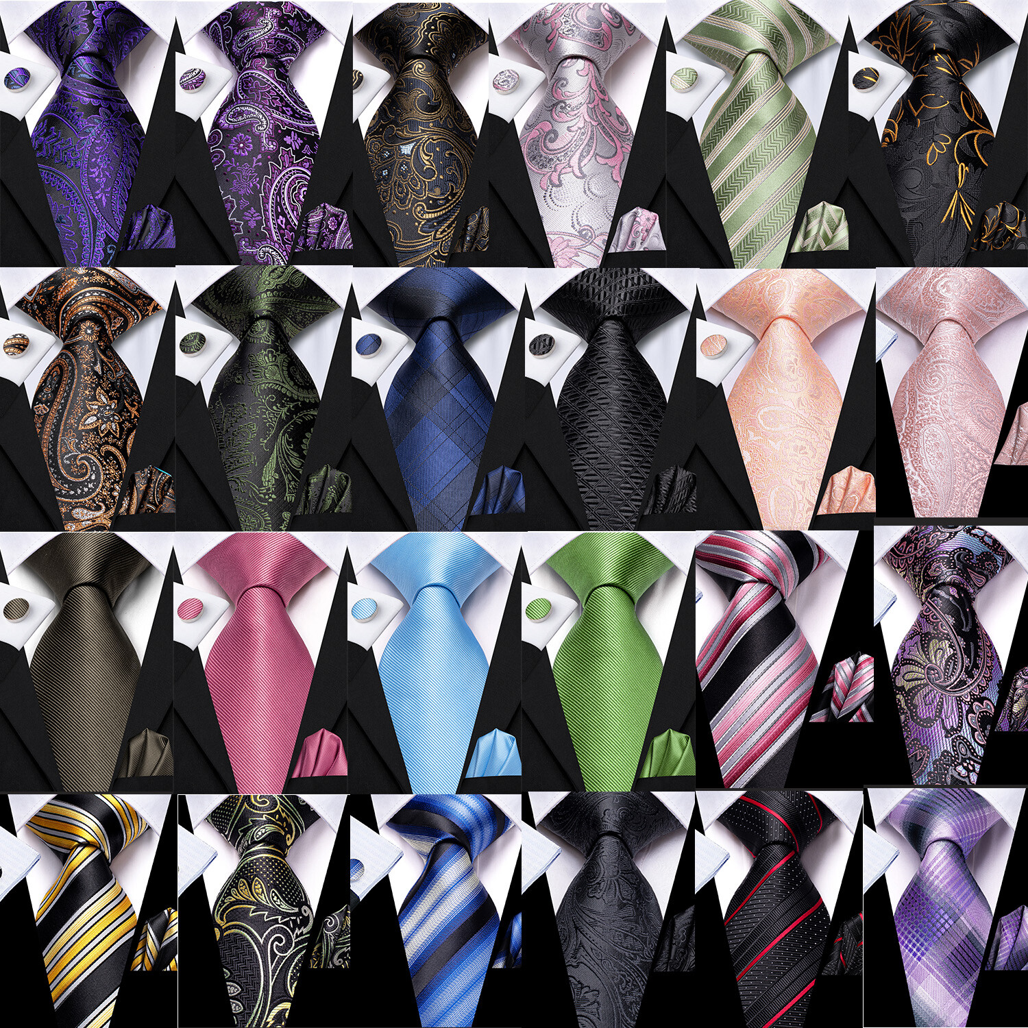100 Mens Silk Tie Striped Solid Paisley Necktie Hanky Cufflink Set Wedding